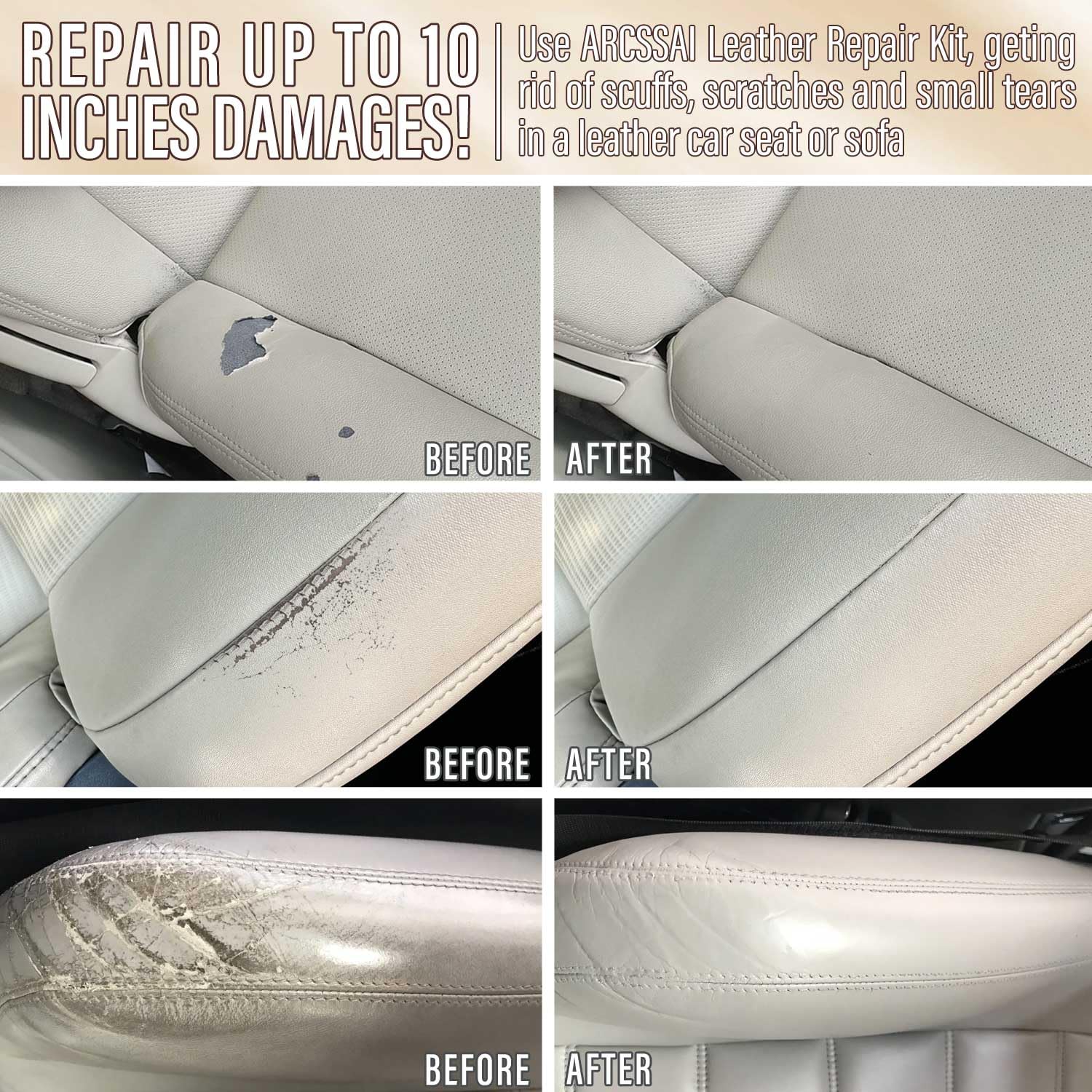 ARCSSAI Neutral Color Leather Repair Kit for Furniture, Car Seats, and More - PU Gel, Easy Instructions, Model ARCSSAL-098