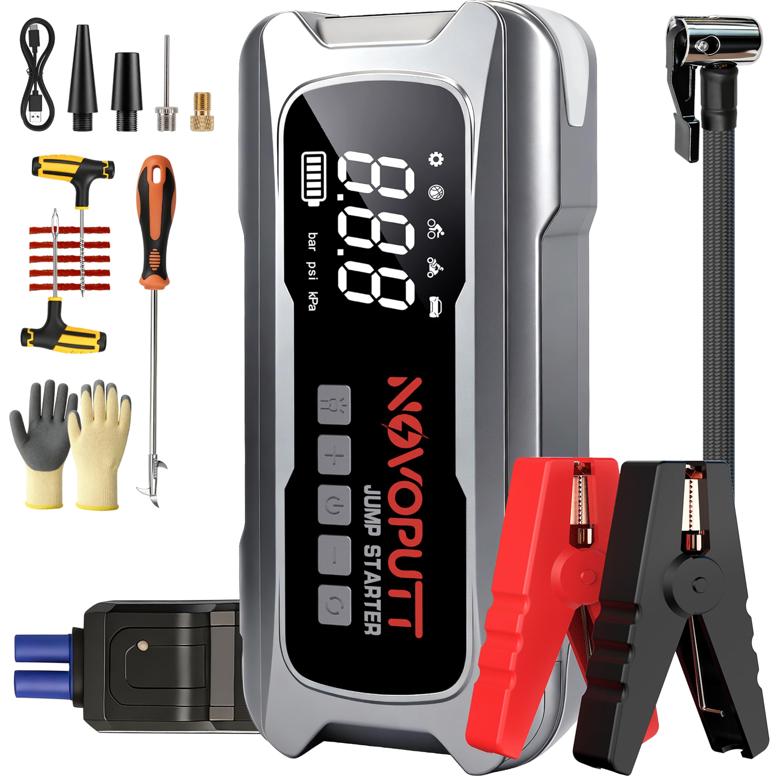 6000A Jump Starter with Air Compressor, PD 65W Fast Recharging,Portable Car Battery Jumper Starter for All Gas &10.0L Diesel, Du