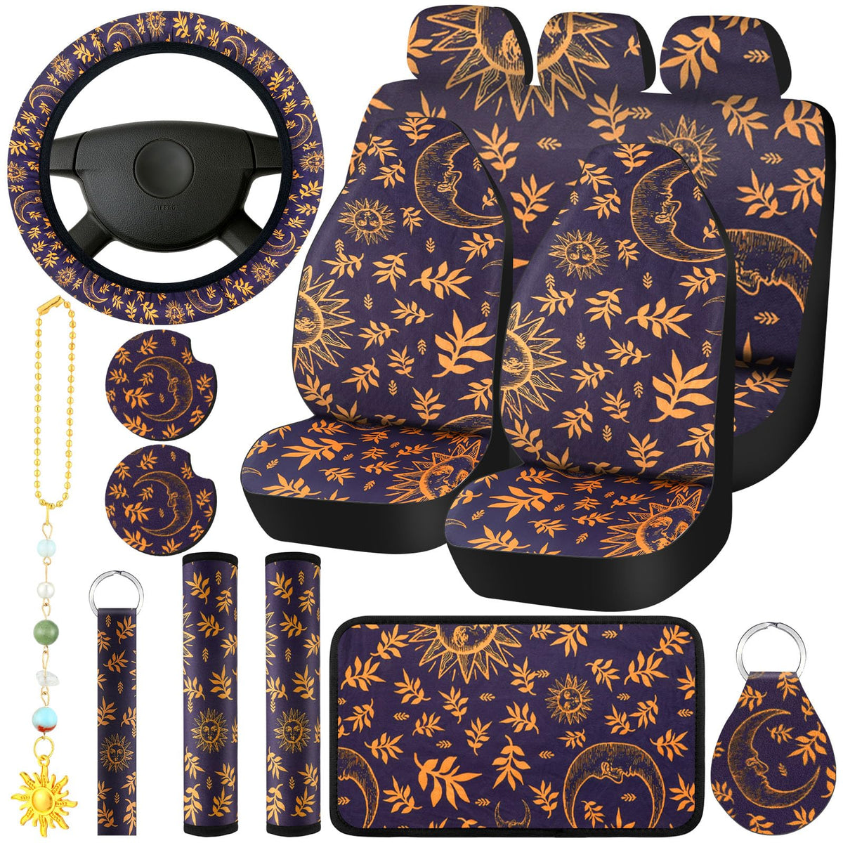 17 Pcs Sun and Moon Car Seat Covers Sun and Moon Car Accessories Full Set for Women Men Automotive Rear Front Seat Protector Vie