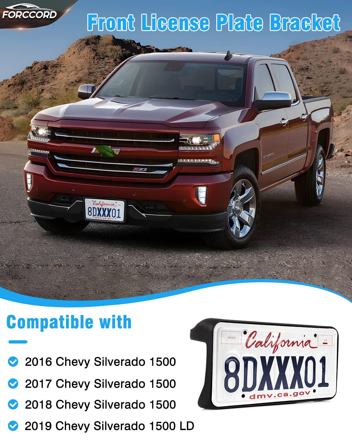 Forccord Custom Fit For License Plate Bracket Chevy Silverado 1500 (2019 2018 2017 2016) Replacement Front License Plate Frame B