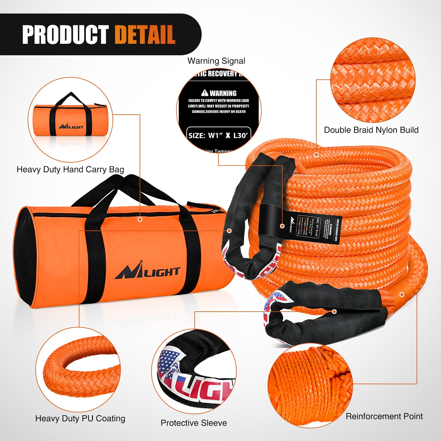 Nilight Kinetic Recovery Rope 33000 LBS 1'' x 30ft Snatch Strap Heavy Duty Offroad Towing Starp Kit Vehicle Recovery kit for UTV