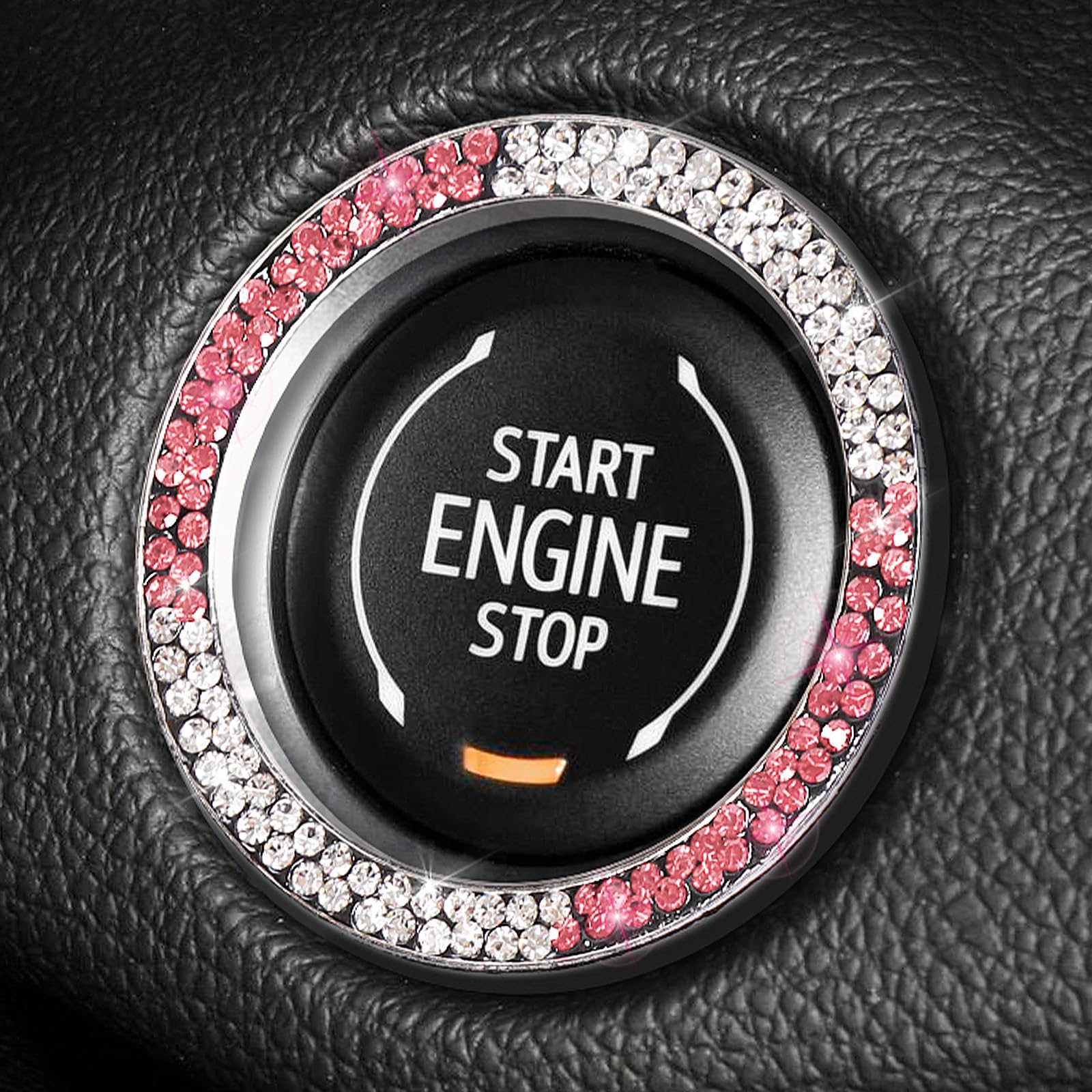 Tobequeen White Pink Bling Push Start Button Cover Emblem Sticker, Crystal Diamond Rhinestone Push Start Ring Car Decor, Pink An