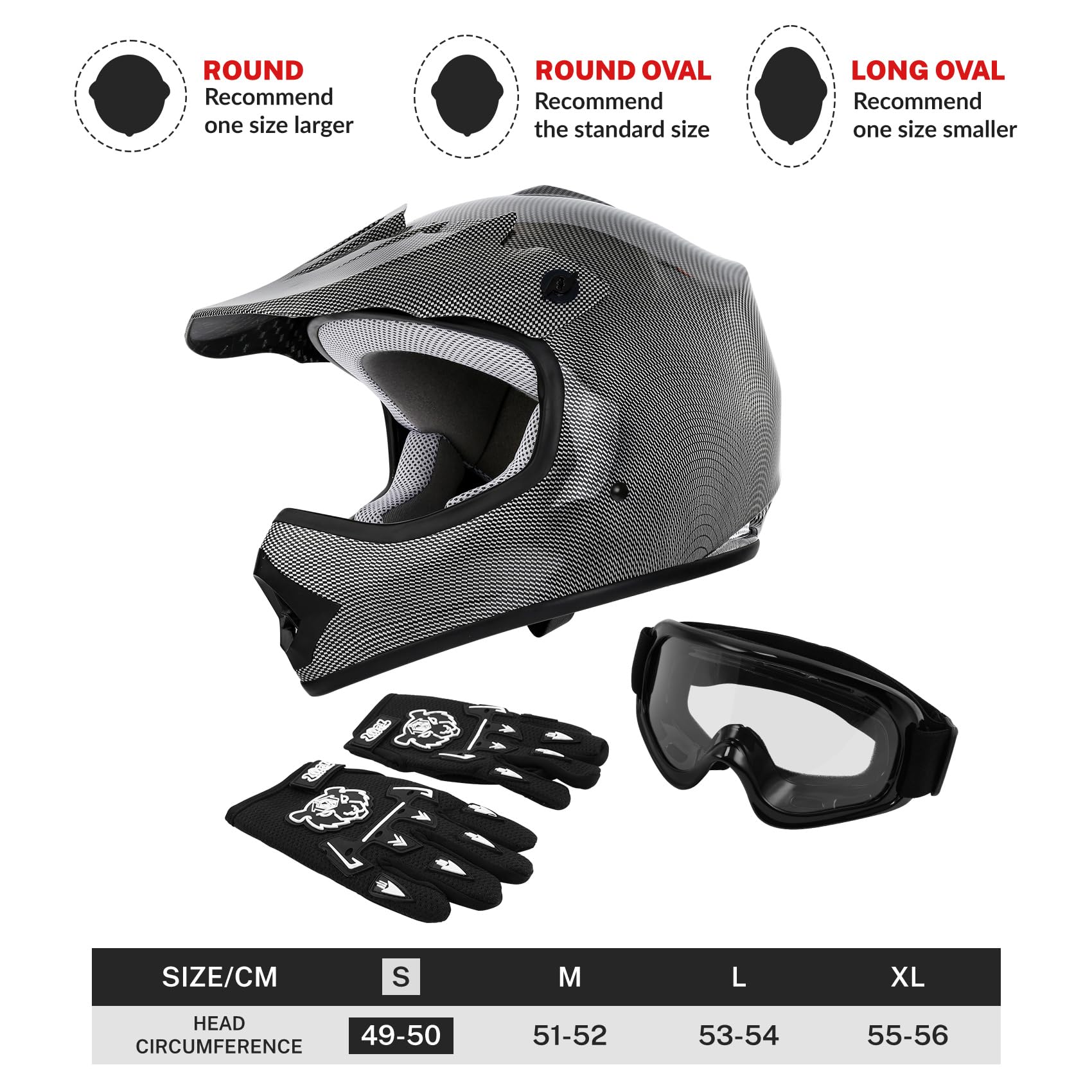 Tct-Motorparts Dot Youth Kids Motocross Atv Helmets Offroad Street Dirt Bike Go-Kart Bmx Mx Full Face Helmet Carbon Fiber Samll