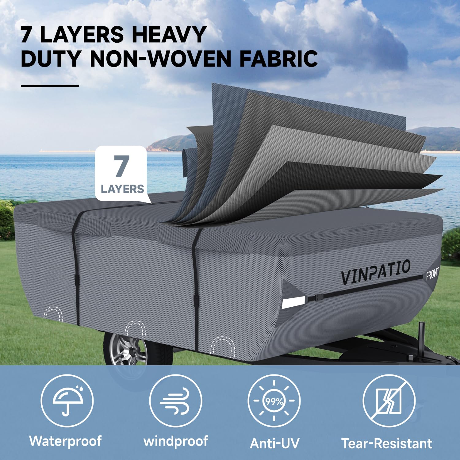 Vinpatio Pop Up Camper Cover - Grey, Folding Camper Tent Trailer Cover For 8'-10' Trailers, Waterproof & Anti-Uv With Windproof