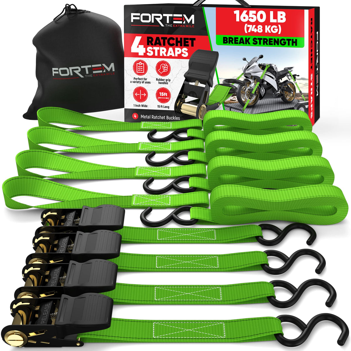 FORTEM Ratchet Straps, 1650lb Break Strength, 4 15ft Tie Down Strap Set, 4 Soft Loops, Motorcycle Straps Tie Downs, Cargo Straps