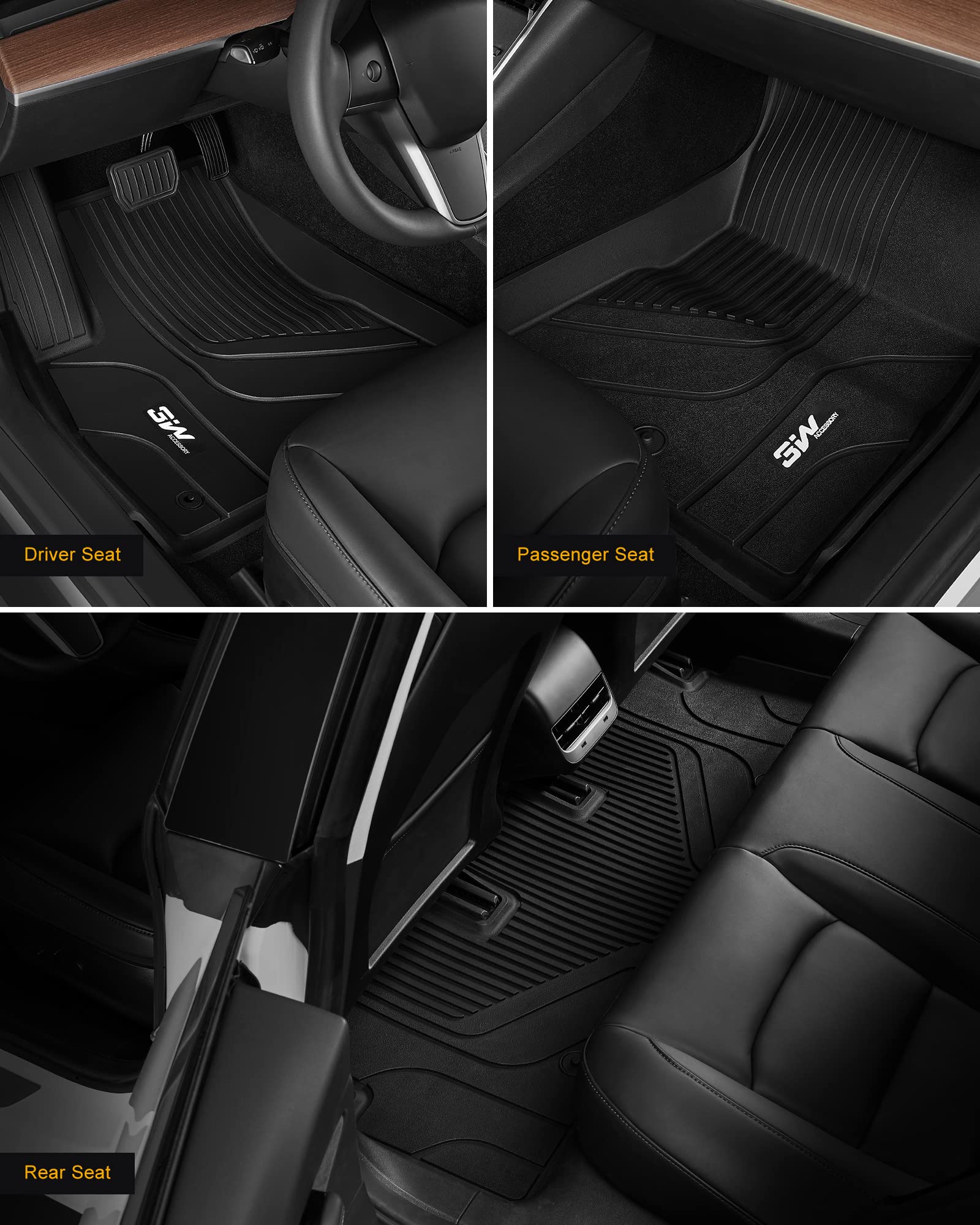 3W All-Weather TPE Floor Liner - Full Set Black Floor Mats and Cargo Liner Mat Custom Fit for Tesla Model 3 2021-2023