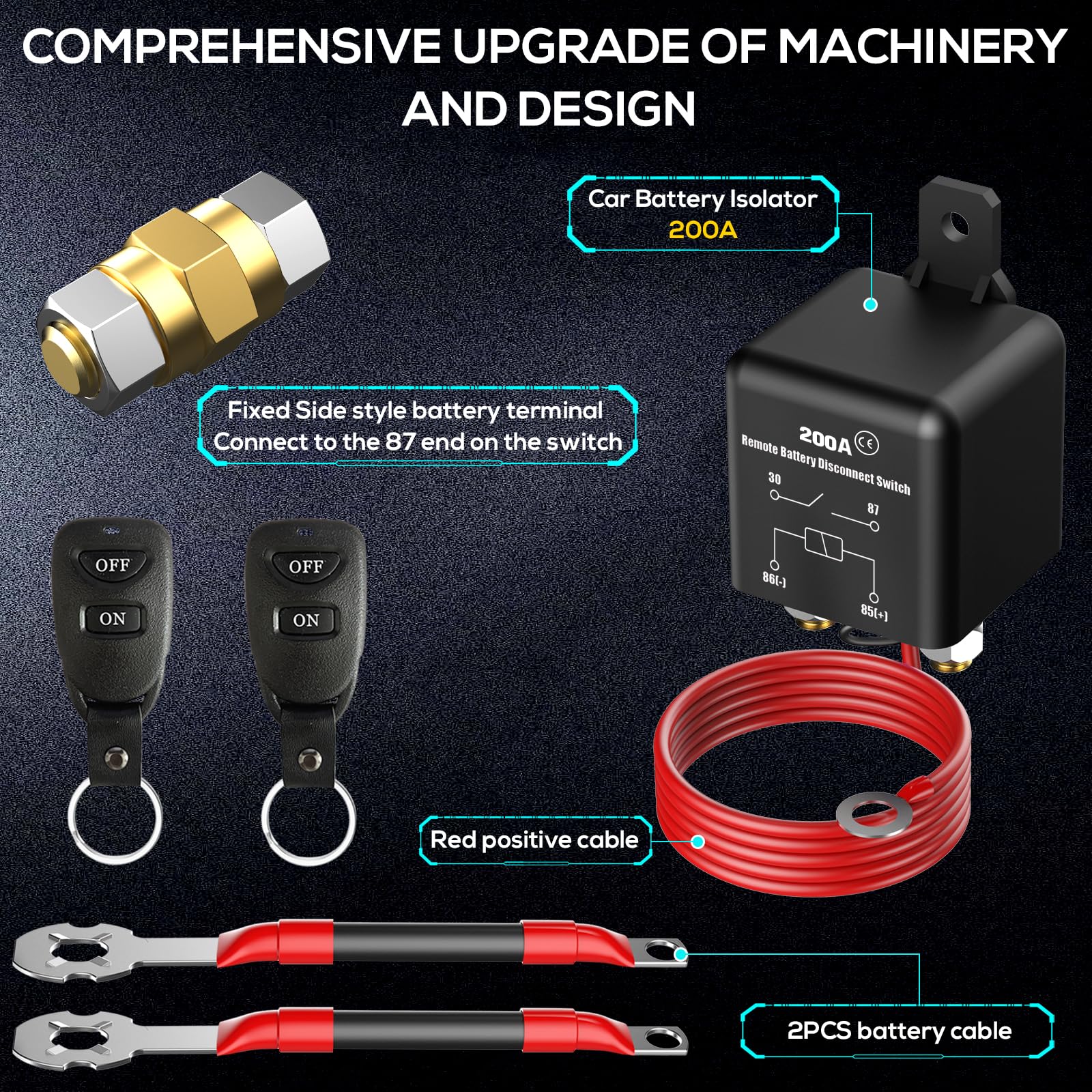 Side Post Remote Battery Disconnect Switch 12V 200A, Battery Cut Off Switch Upgrade Prevent Battery Drain, Easy Installation, Se