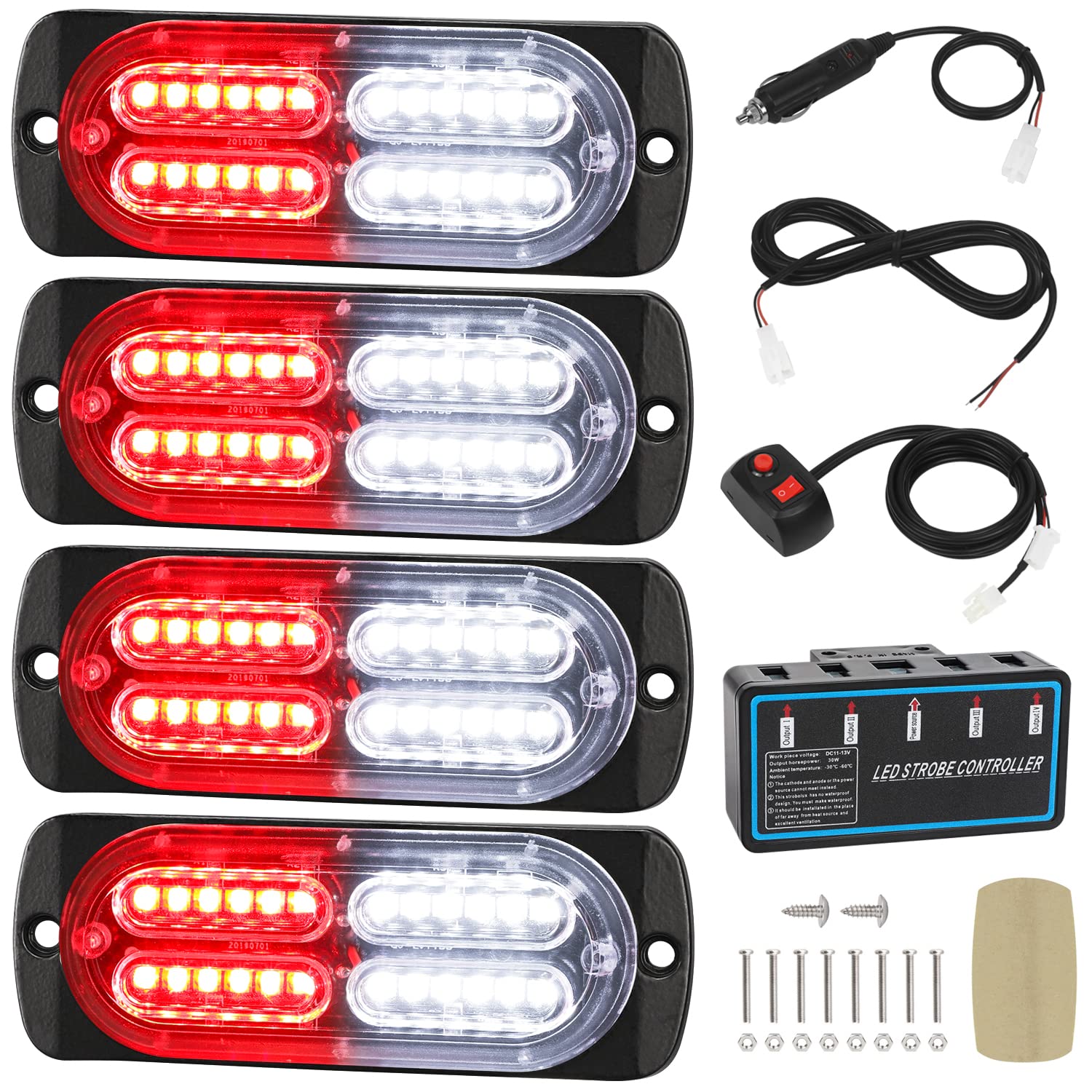 Linkitom 4Pcs Ultra Slim Sync Feature 24-Led Car Truck Surface Mount Emergency Hazard Warning Strobe Light (Red&White)