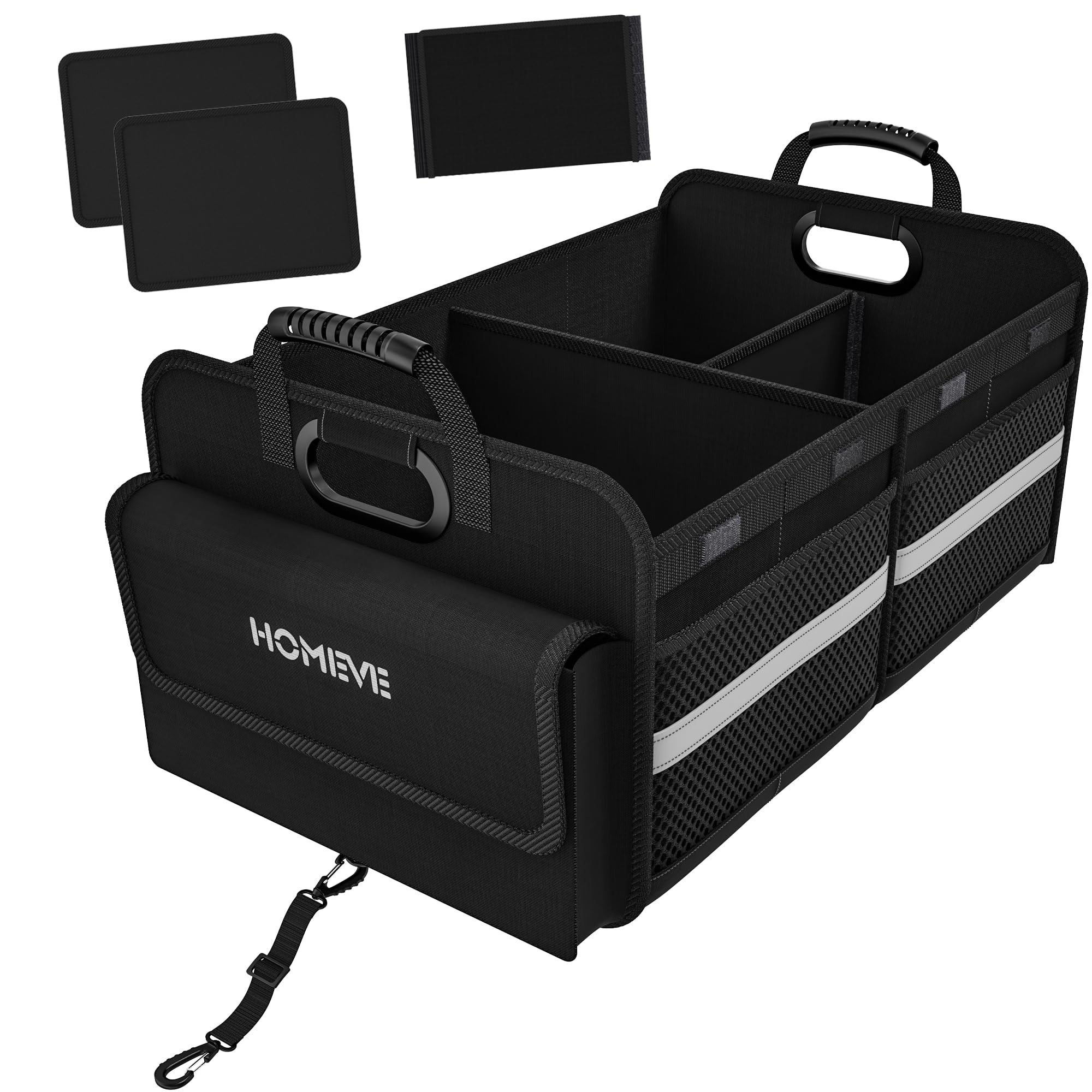 Homeve Trunk Organizer For Car, Collapsible Storage Box, Car Storage Organizer, 3 Compartment, Multi Pockets, Non Slip Strips, A