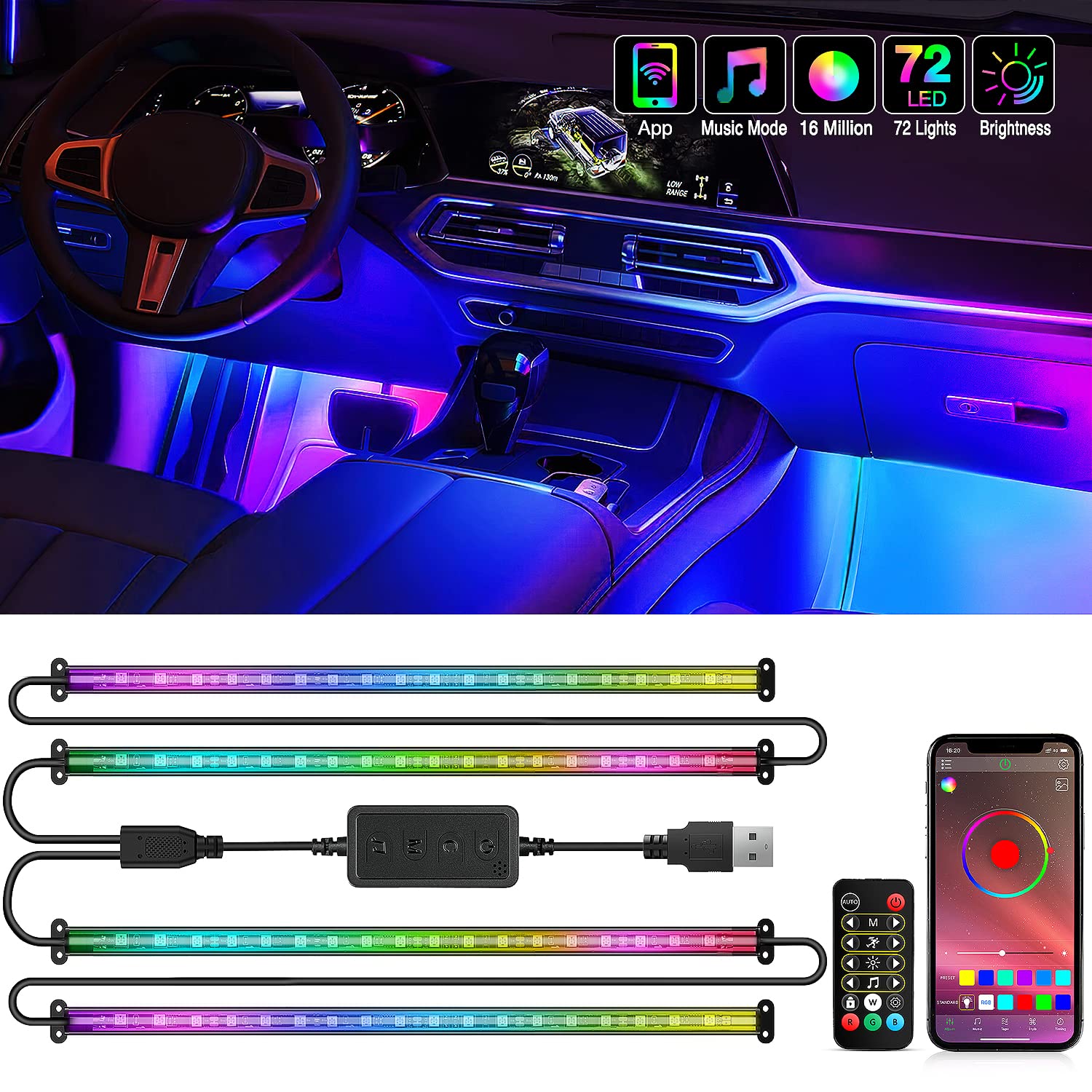 Nilight 72 Led Usb Interior Strip Lights Dream Color Rgb-Ic 12V Dc With App Rf Remote Control Multicolor Footwell Under Dash Cha