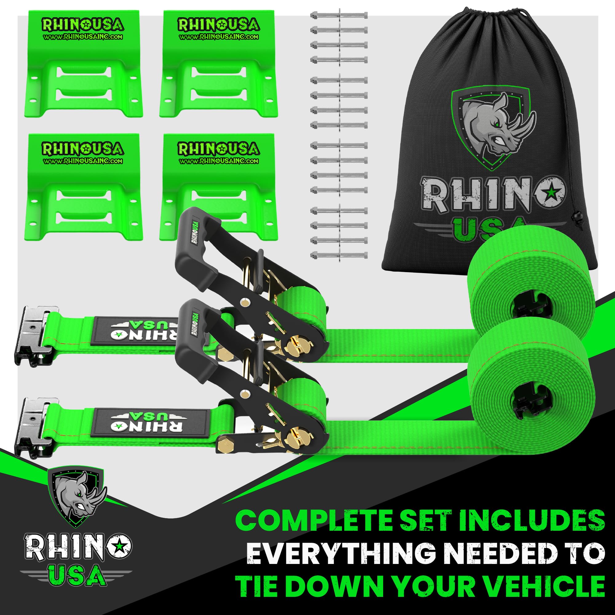 Rhino USA Wheel Chock Tie Down Kit (1,986lb Break Strength) Ultimate Heavy Duty Trailer Tire Straps System for ATV, UTV, Lawn Mo