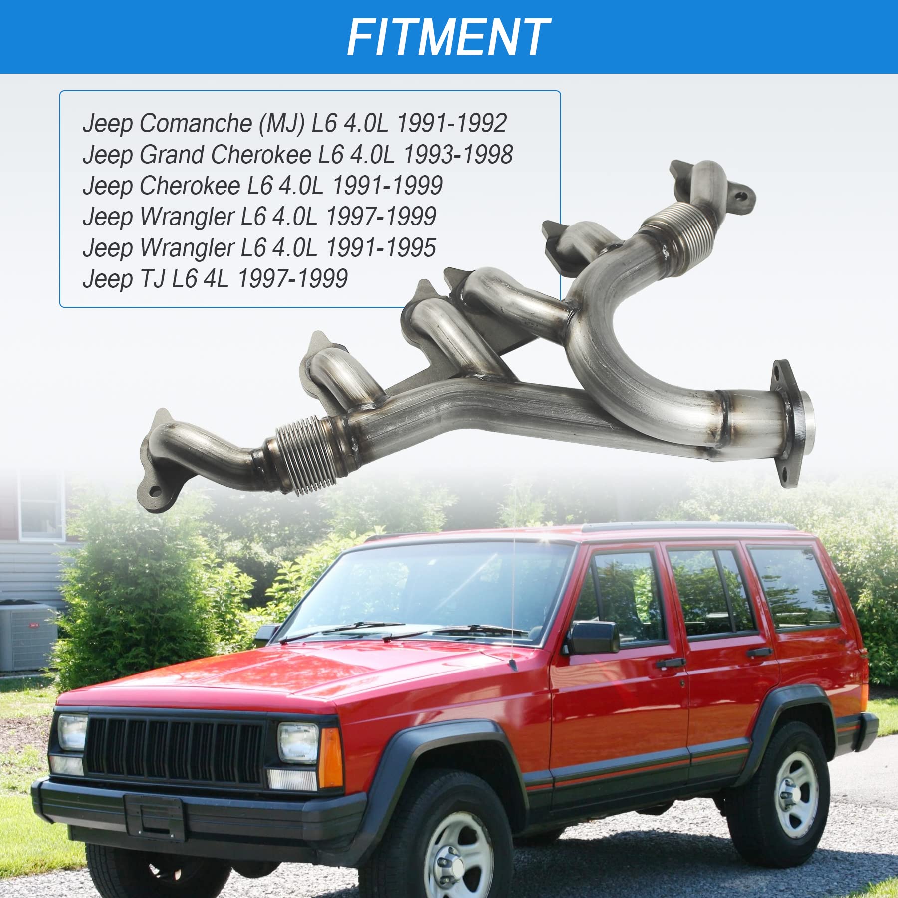 JDMSPEED New Stainless Steel Exhaust Manifold & Gasket Kit Replacement for Grand Cherokee Wrangler 4.0L Replacement for Jeeps Se