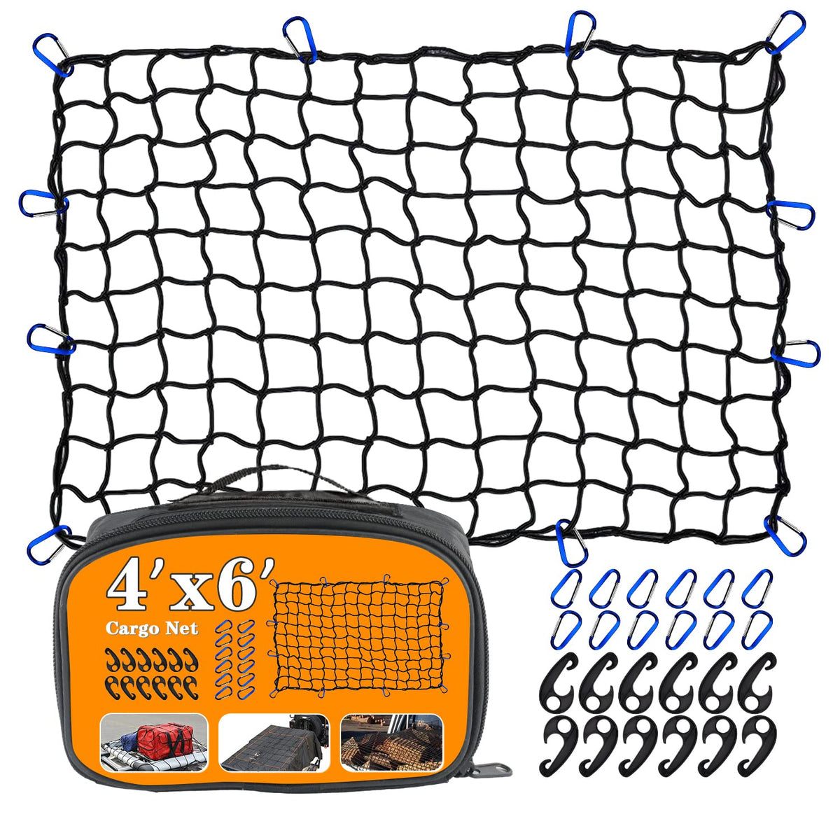 4X6 Truck Cargo Net Expands To 8' X 12' With 4''X4'' Mesh Grid Super Duty Bungee Heavy Duty Bed Netting For Truck Bed Stretches