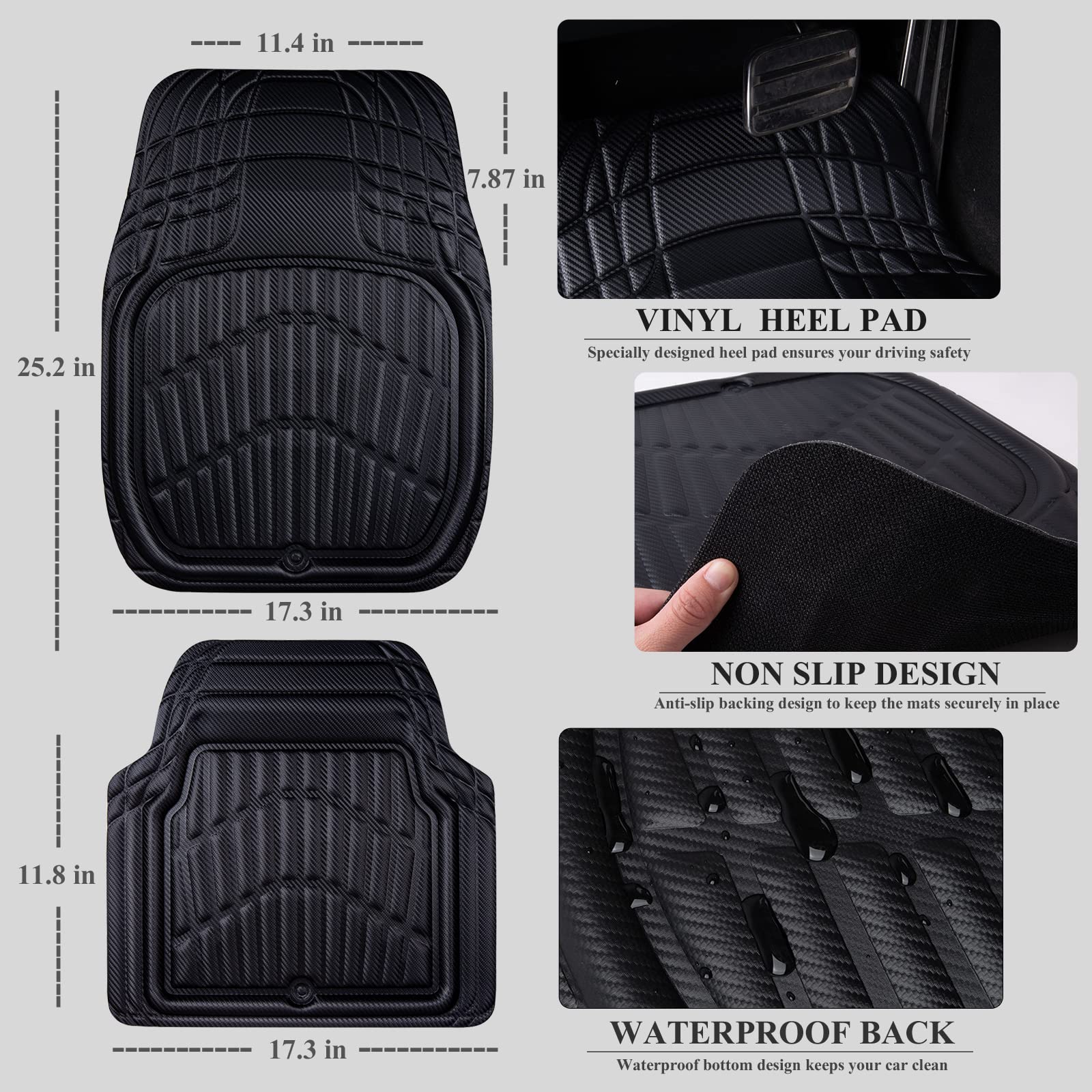 Car Pass Carbon Fiber Leather Car Floor Mats -3D Waterproof All Weather, Universal Trim To Fit & Anti-Slip Burr Bottom Safety &