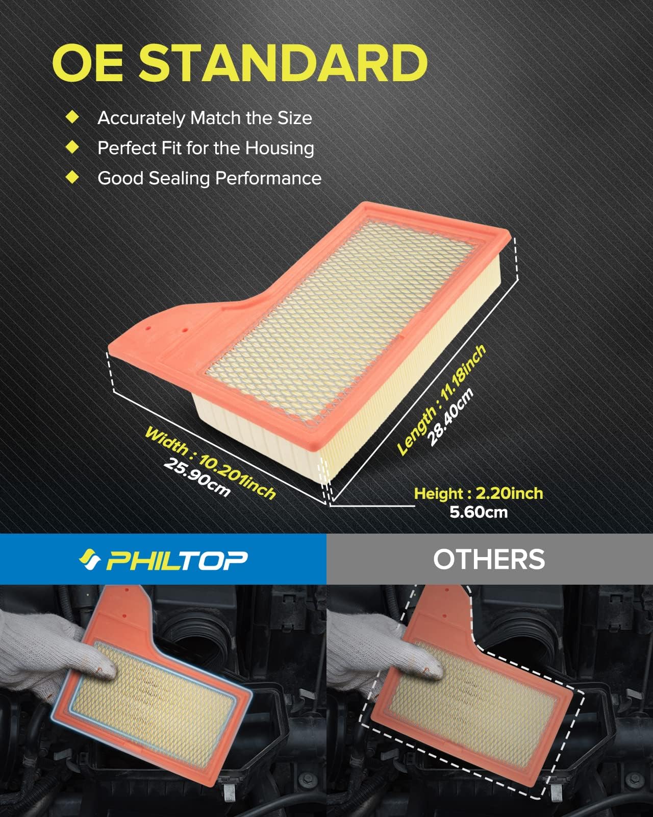 Philtop Engine Air Filter Ca11958 Replacement For Mustang 2.3L 2015-2020, Mustang 5.0L 2015-2020, Mustang 3.7L 2015-2017, Flexib