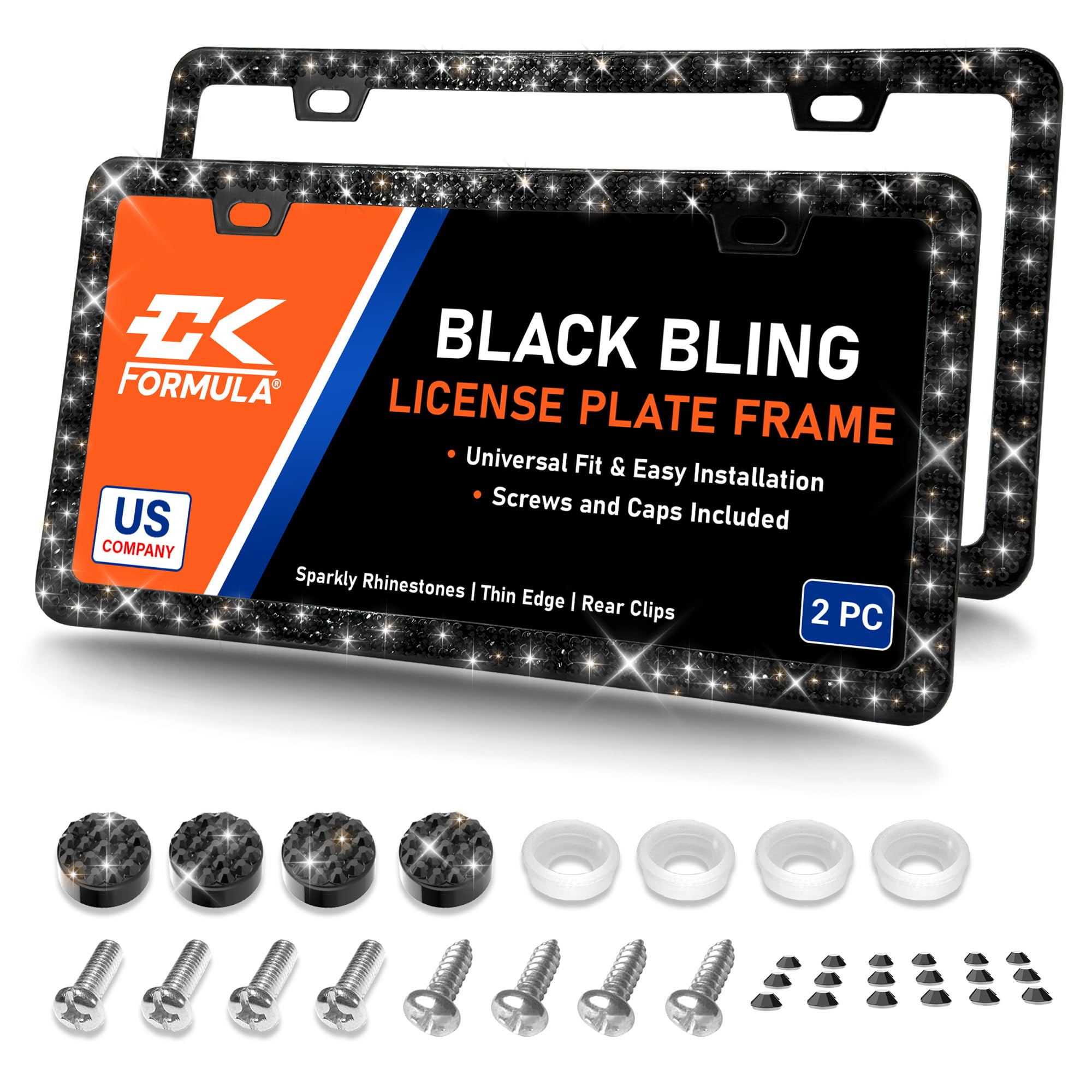 CK Formula Black Bling License Plate Frames, Rhinestone License Plate Frame, Diamond License Plate Frame for Women, Stainless St
