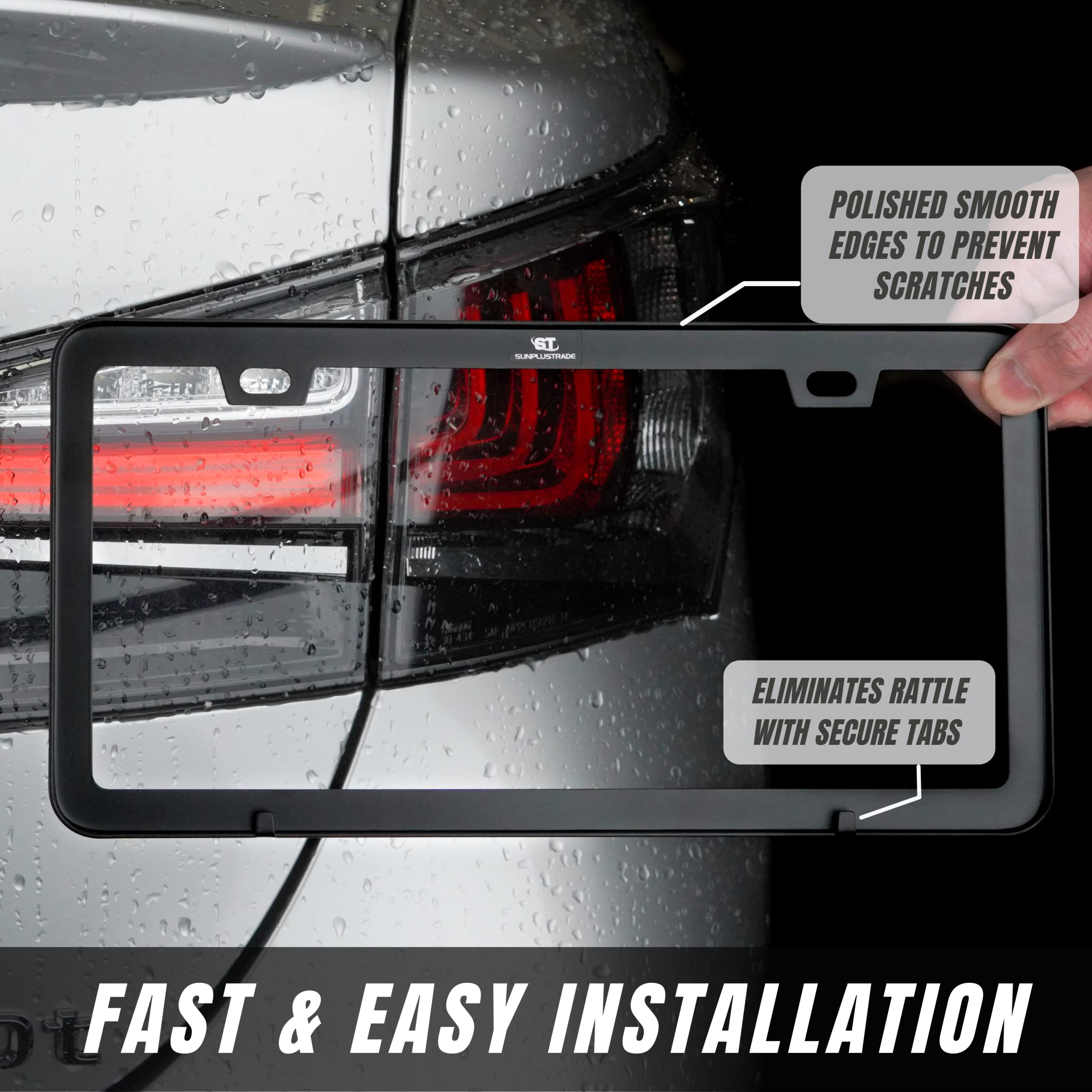 Sunplustrade License Plate Frame Black Matte Powder Coated Aluminum With Screw Caps (2 Pieces)