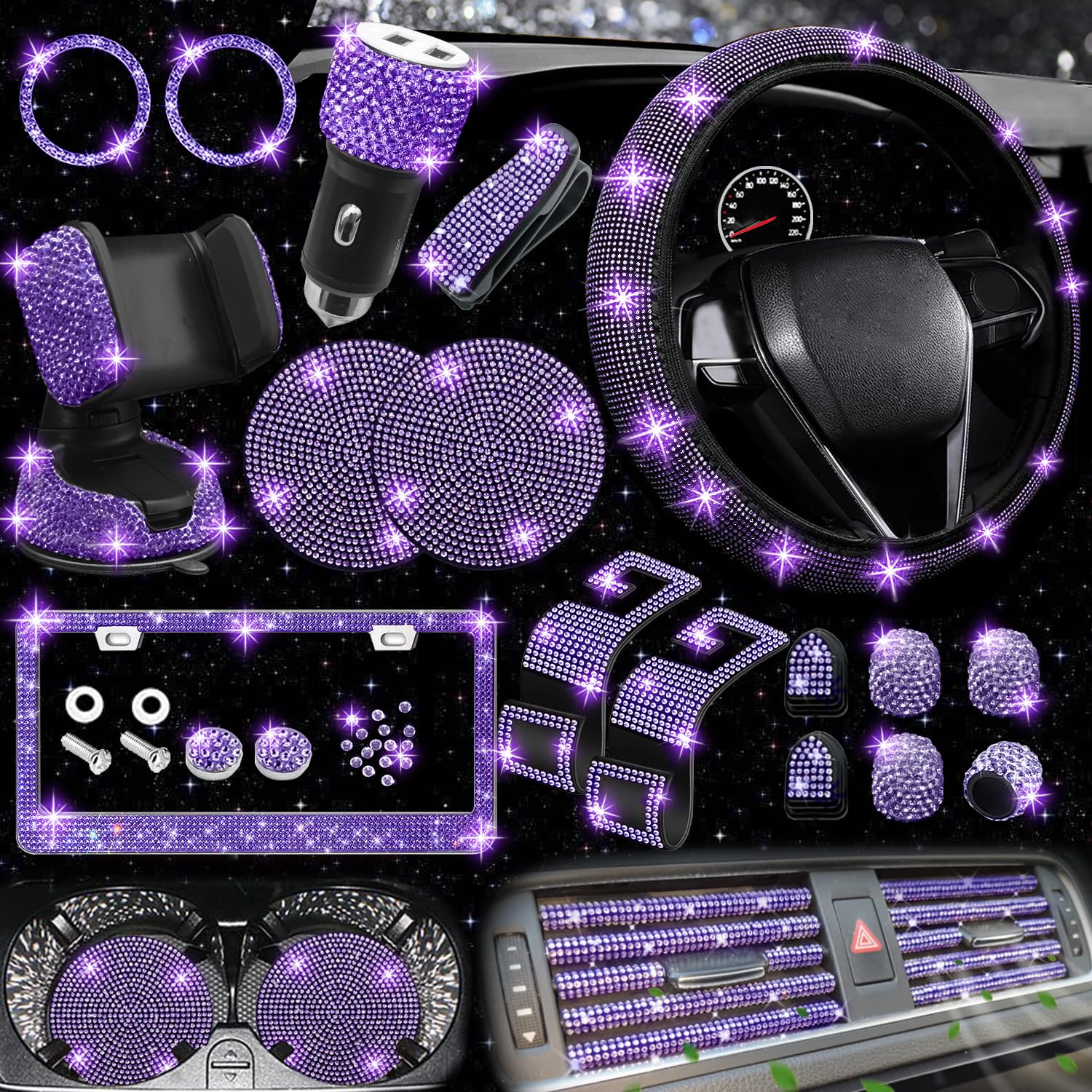 Nbtepem 27 Pcs Purple Violet Bling Car Accessories Set For Women, Bling Steering Wheel Covers Universal Fit 15 Inch, Bling Licen