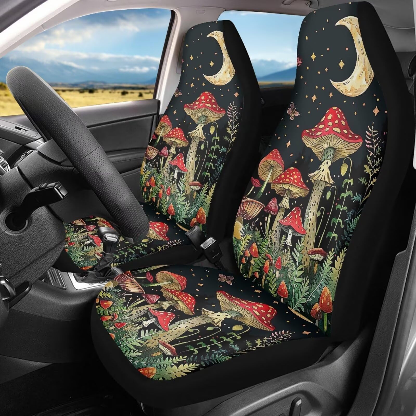 Bigcarjob Mushroom Print Car Seat Cover Set For Front Seat Only,Moon Star Mushroom Print Auto Front Seat Protector Full Set Car