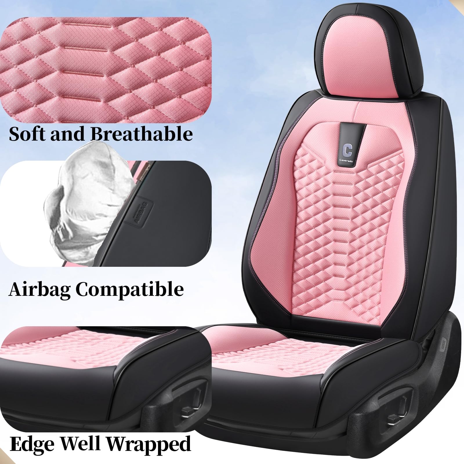 Coverado Car Seat Covers Full Set, 5 Seats Universal Seat Covers For Cars, Breathable Fabric& Faux Leather Auto Seat Cushions, F