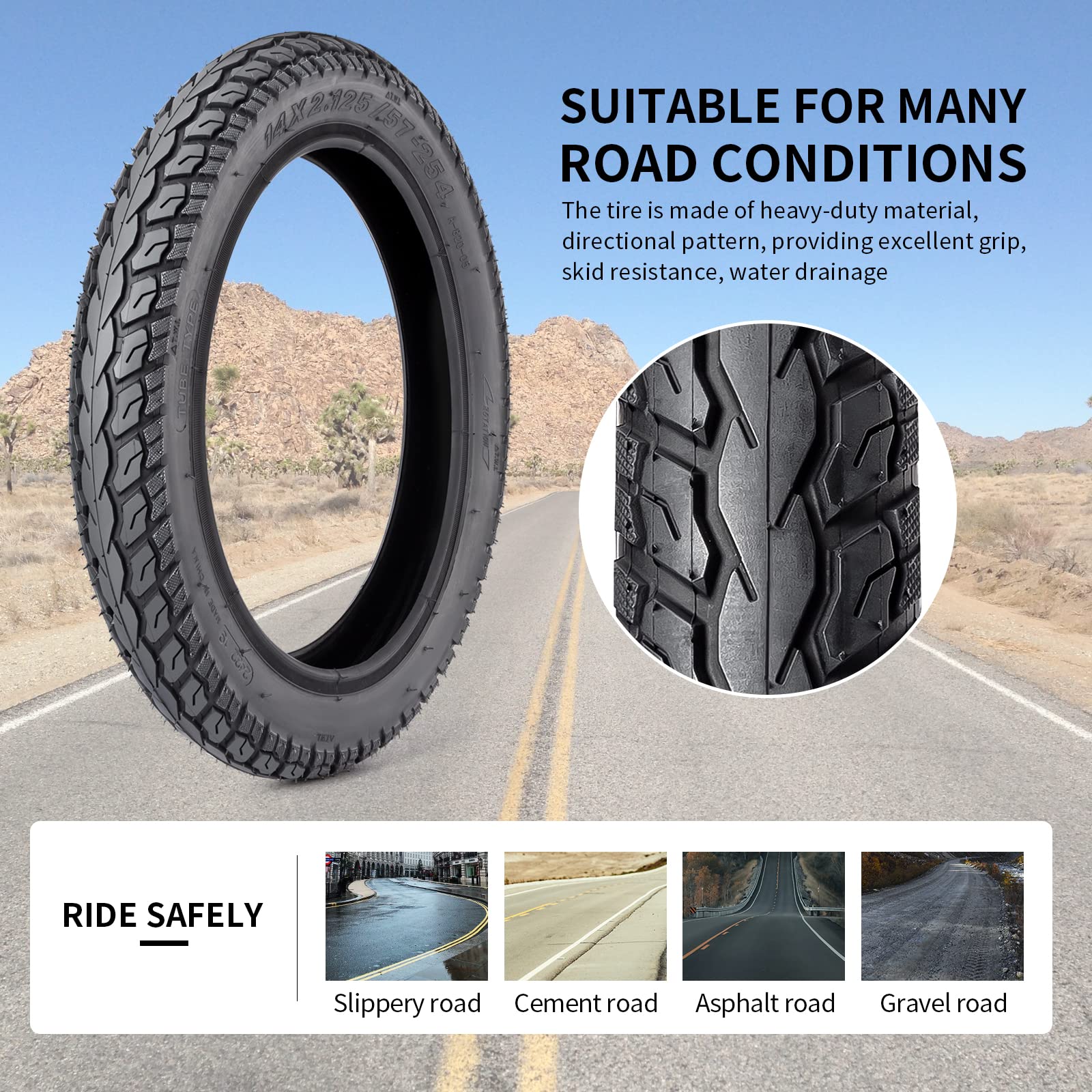 StaiBC Heavy-Duty 14x2.125 Tire & Tube Set for Electric Scooters & E-Bikes - Inflatable with Angled Valve Stem, 1 Set