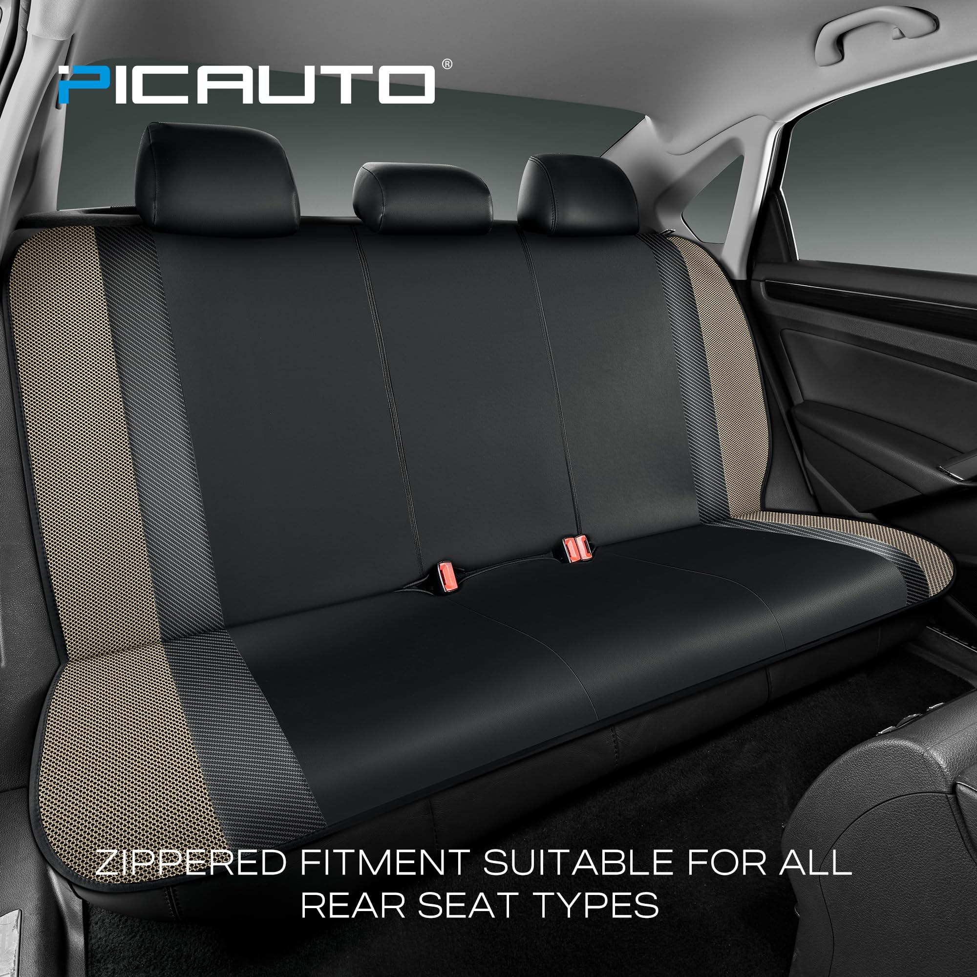 Pic Auto Leather Car Seat Covers, Sports Carbon Fiber & Mesh Design, High-Back Full Set, Waterproof Automotive Seat Covers, Airb