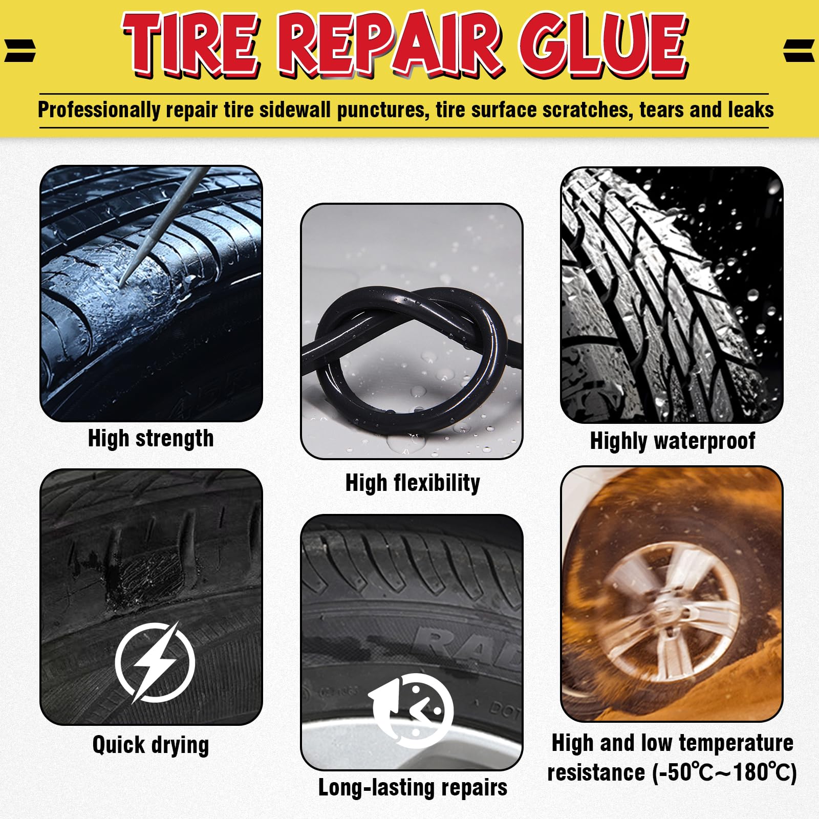 Bellisinno Black Tire Repair Glue Kit, Rubber Cement for Sidewall Fixes, Includes Two Sizes of Repair Nails, Suitable for Motorc