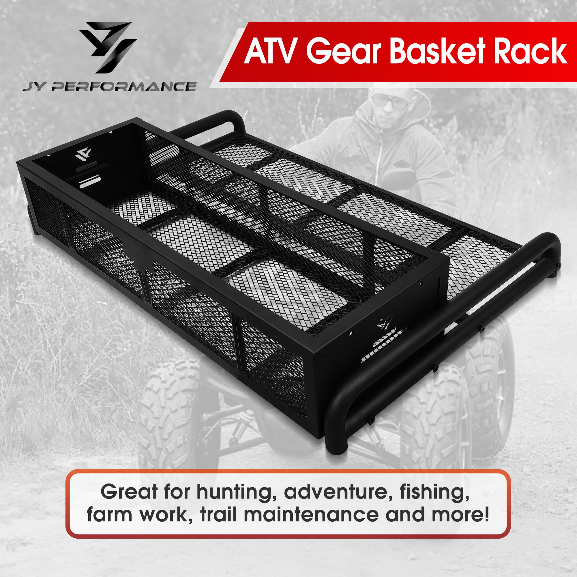 JY PERFORMANCE ATV Rear Cargo Basket, Alloy Steel, Black, Model DAC001, Universal Storage Rack for Camping/Fishing/Hiking