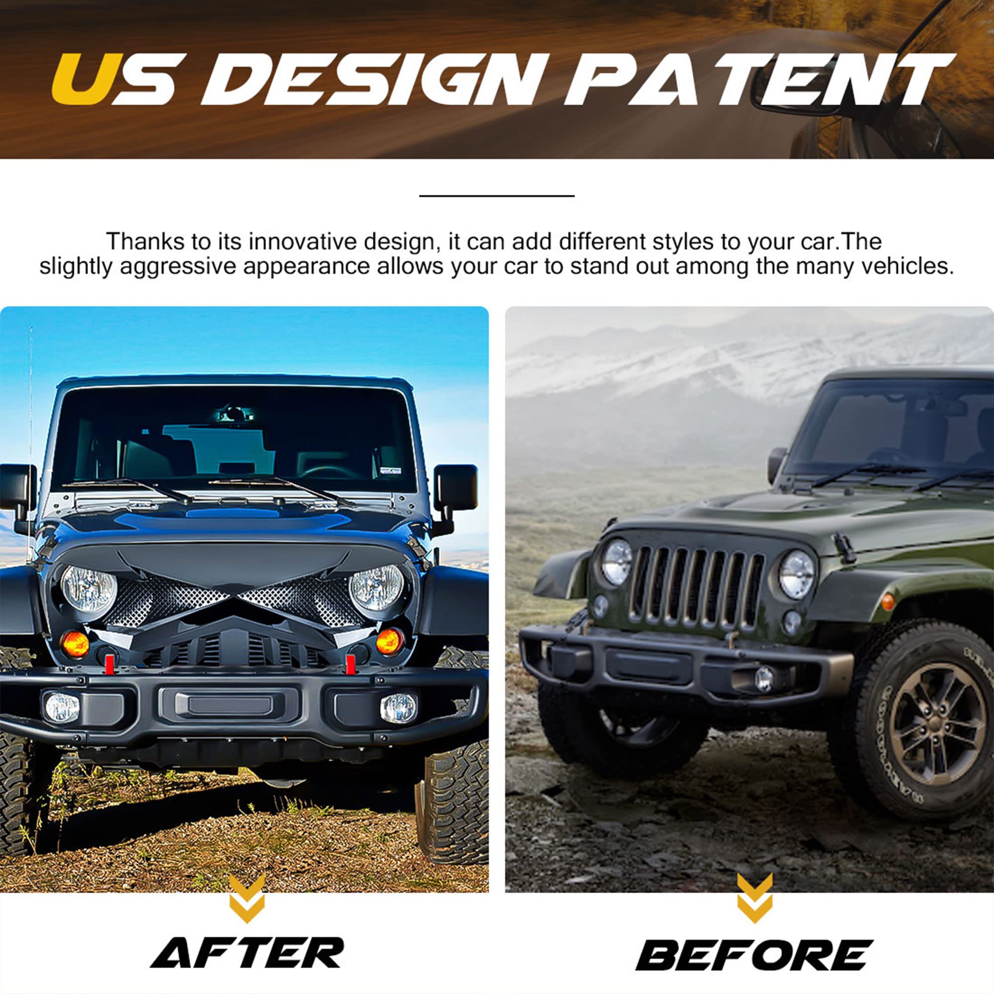 American Modified Hawke Easy Installation Aggressive Front Grille Cover For 2007 To 2018 Jeep Wrangler Jk, Glossy Black