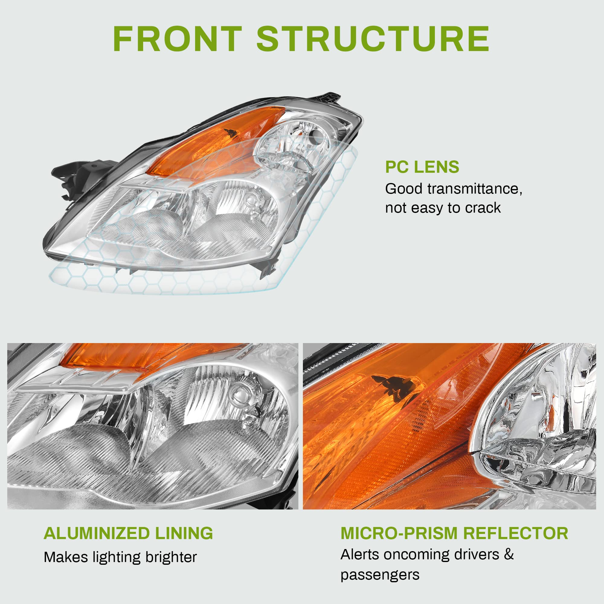 Autosaver88 Headlight Assembly Compatible With 07 08 09 Altima Sedan 4-Door 2007 2008 2009 Altima Chrome Housing With Amber Refl