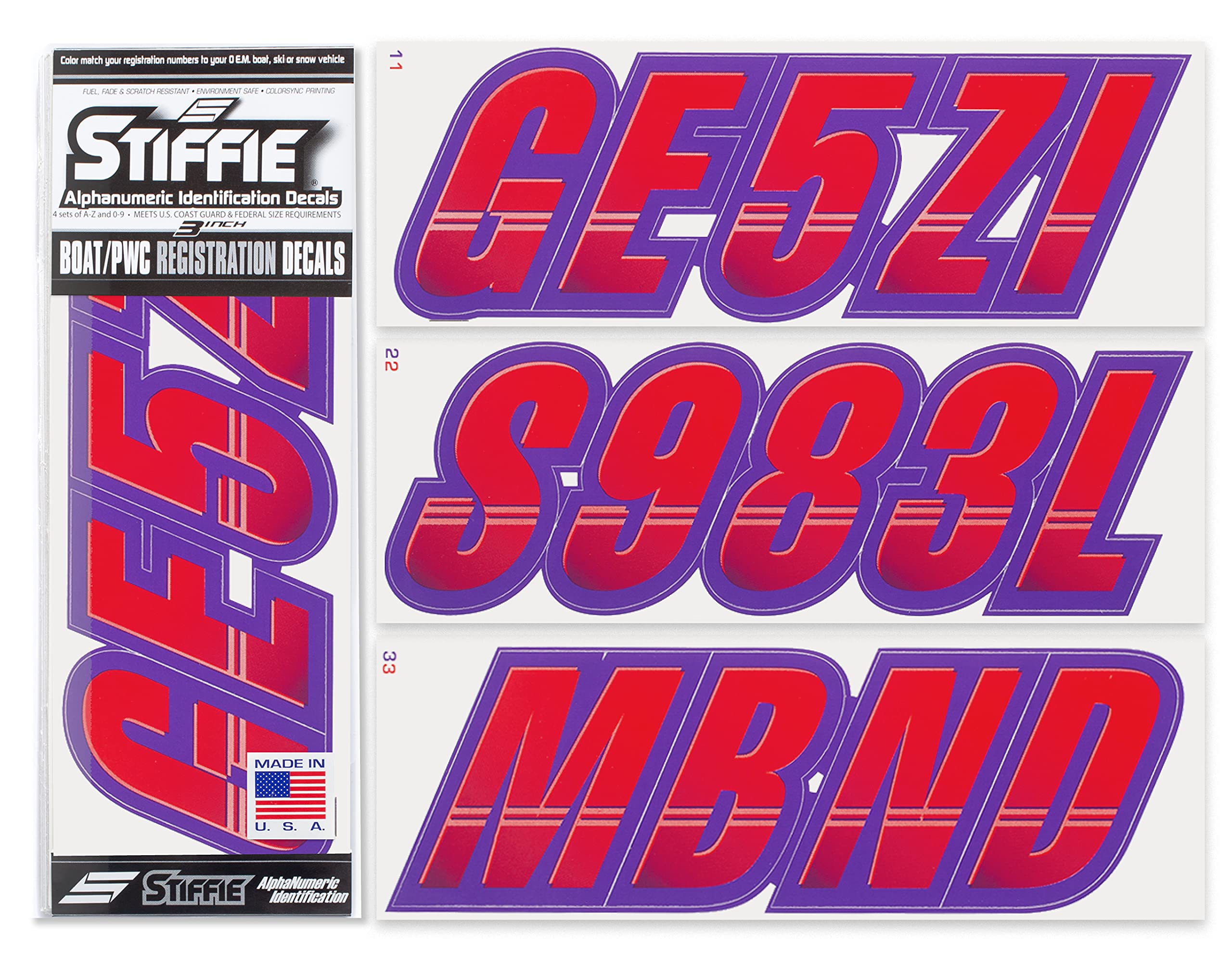 Stiffie Techtron Red/Purple 3 '' Boat & Pwc Registration Decals  Numbers Letters Stickers