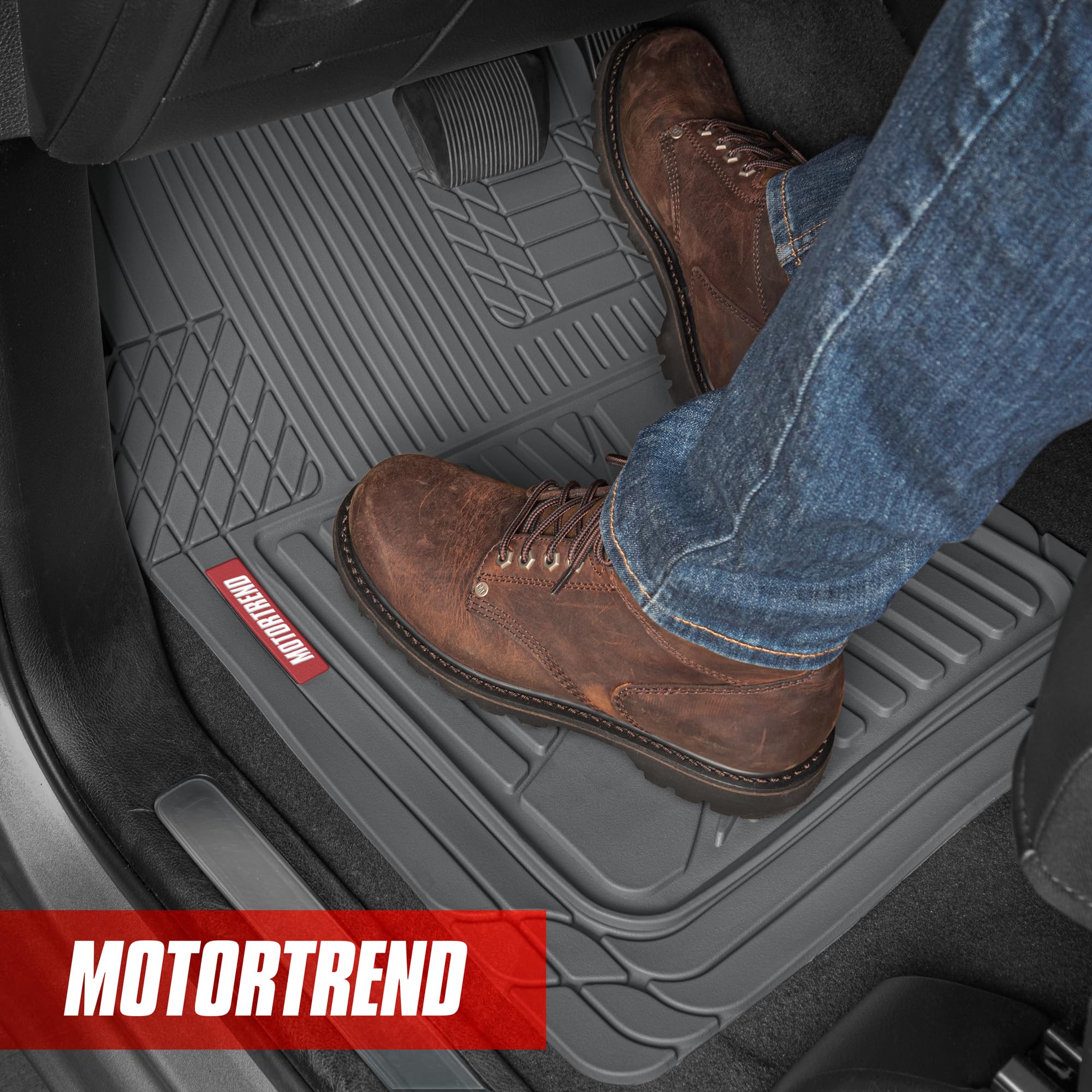 Motor Trend FlexTough Advanced Gray Rubber Car Floor Mats with Cargo Liner Full Set - Front & Rear Combo Trim to Fit Floor Mats