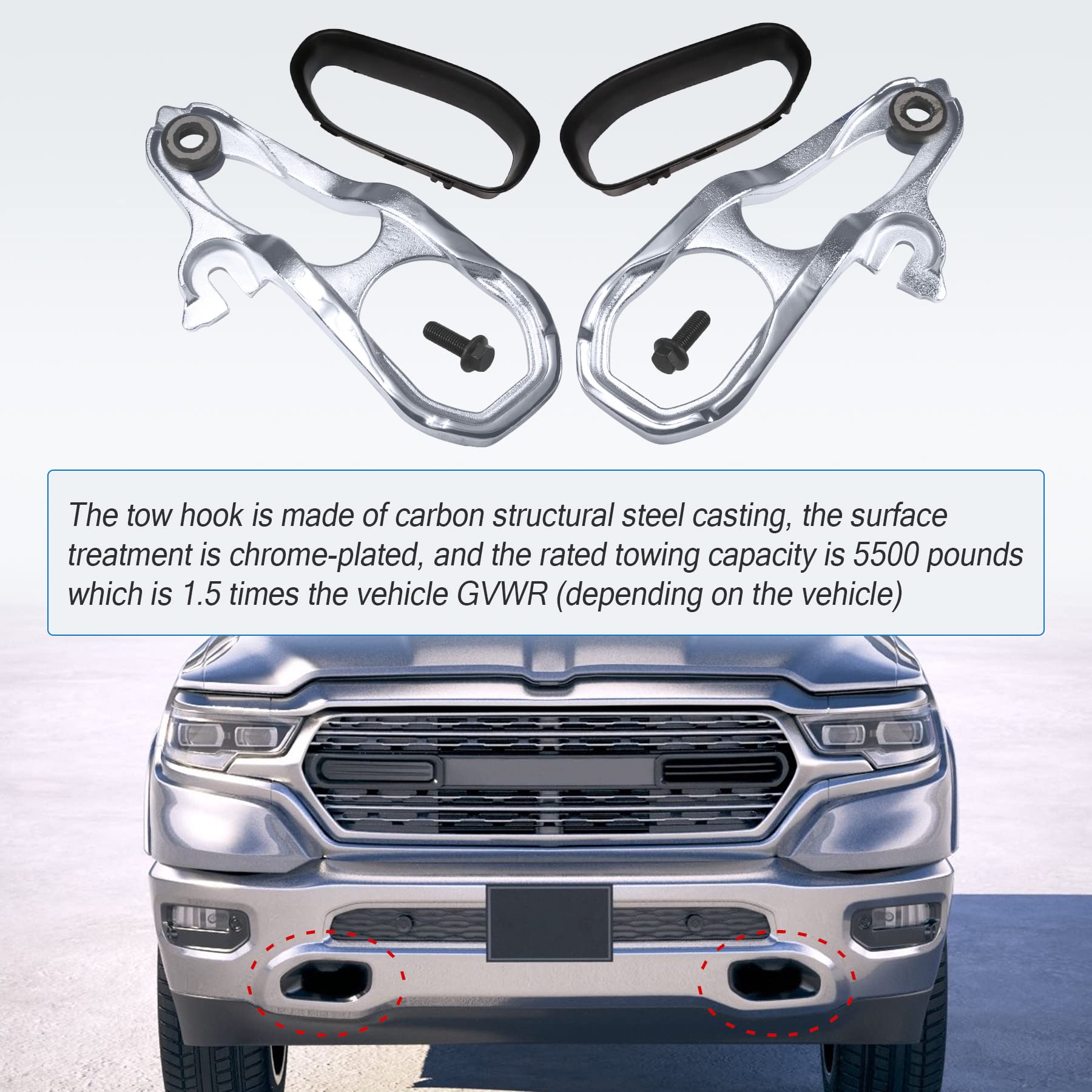 JDMSPEED Heavy Duty Chrome Front Tow Hooks for Dodge Ram 1500 DT 2019-2022, Alloy Steel, Left & Right with Hardware