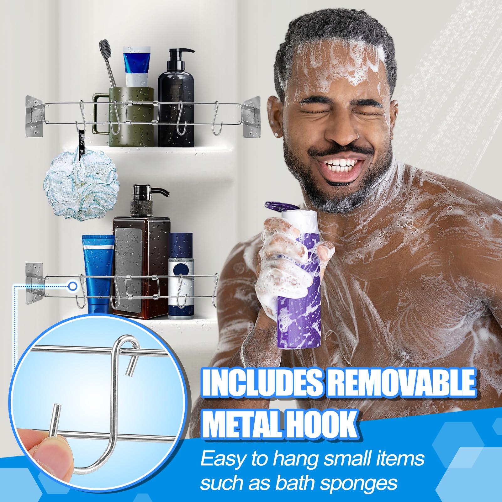 9~15in RV Shower Corner Storage Bar with 8 Hooks - Adjustable Camper Must Haves Stainless Steel Bathroom Shelves, Rust Proof Org