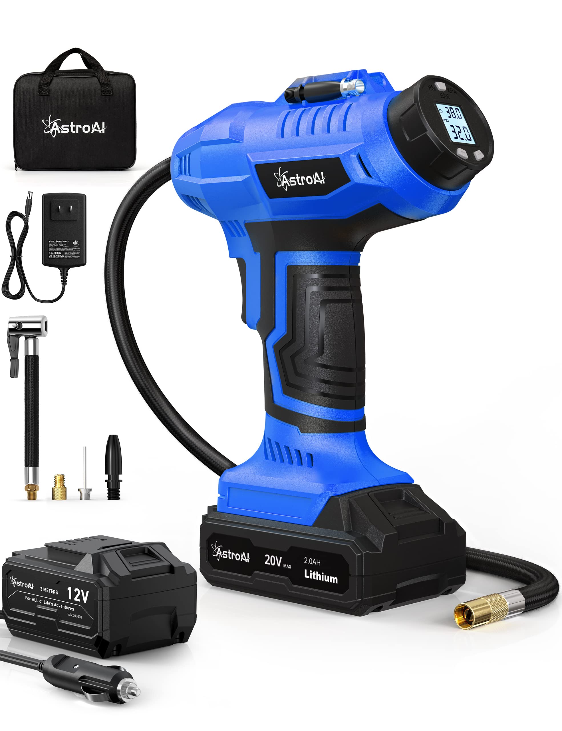 Astroai Cordless Tire Inflator Air Compressor 20V Rechargeable Battery Powered 160Psi Portable Handheld Air Pump With 12V Car Po
