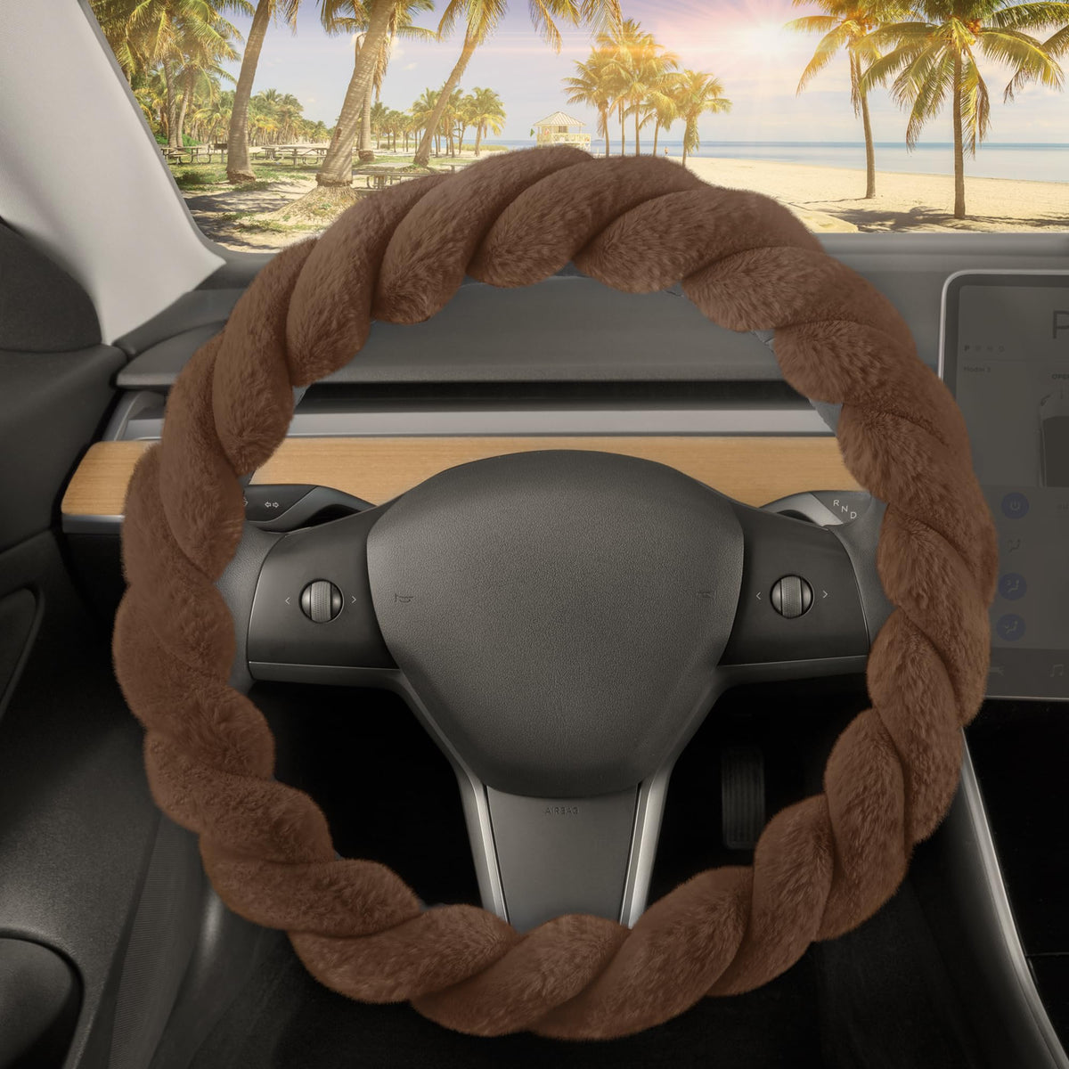 Carbella Twisted Fur Brown Soft Steering Wheel Cover, Standard 15 Inch Size Fits Most Vehicles, Fuzzy Fluffy Car Steering Cover 
