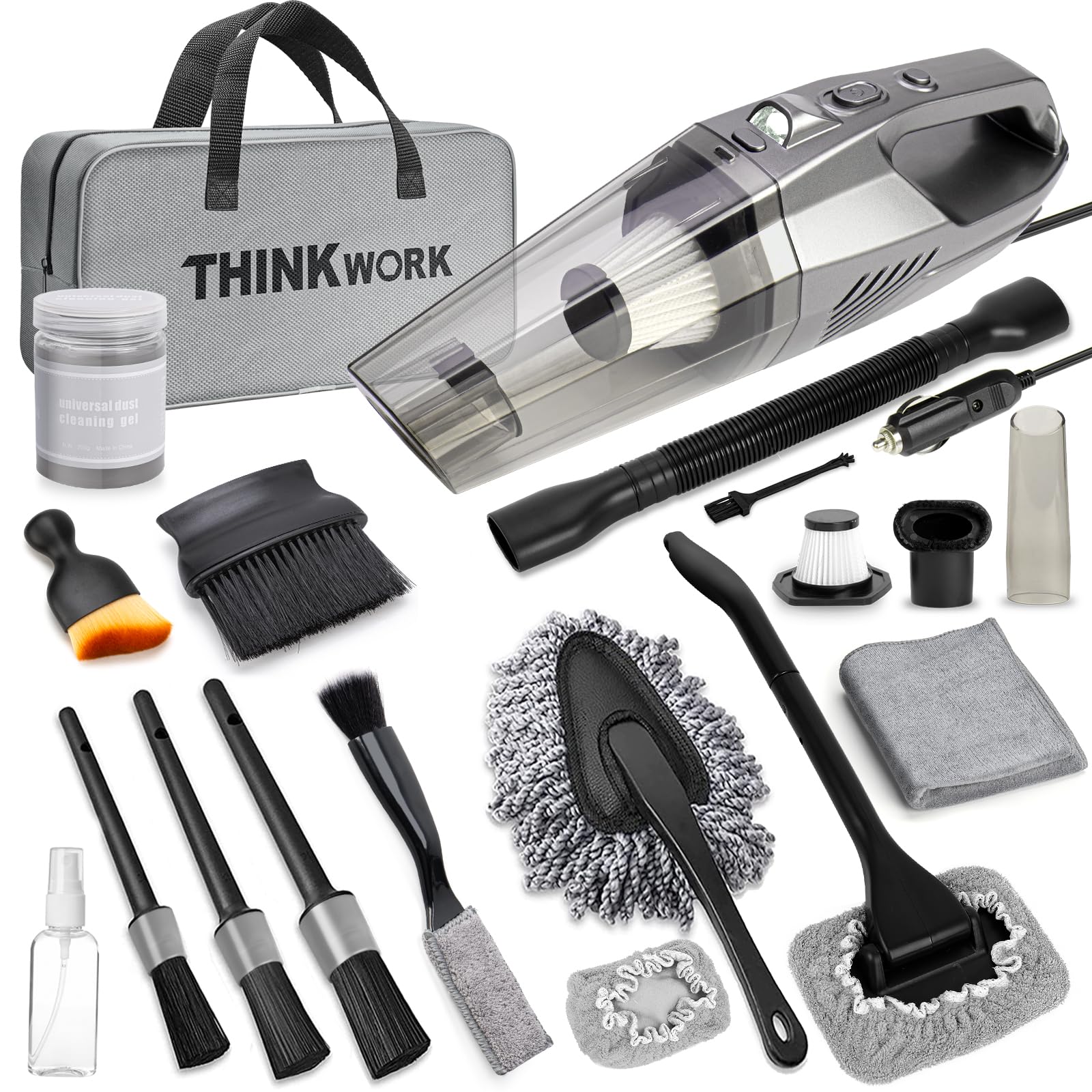 Thinkwork Car Cleaning Kit, Car Vacuum Kit, Gray Car Interior Detailing Kit With 8000Pa High Power Vacuum, Including 7Pcs Detail