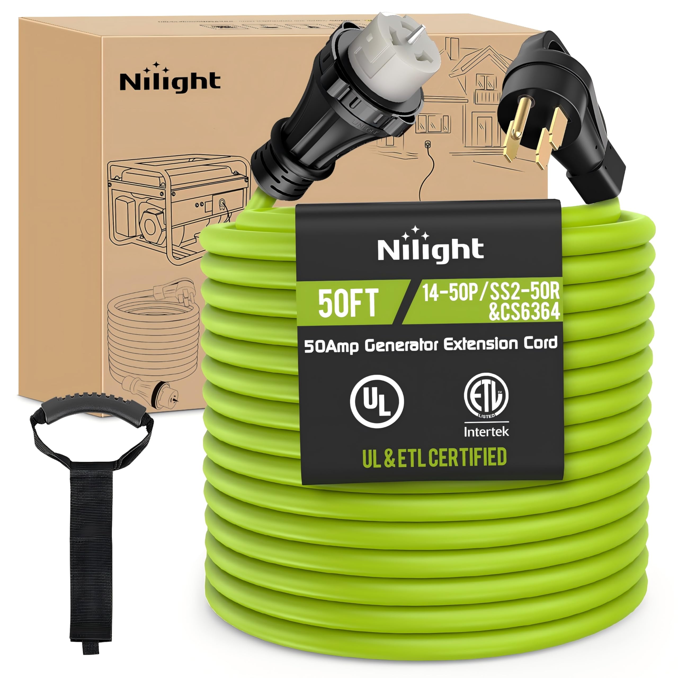 Nilight 50Ft 50 Amp Generator Extension Cord 250V Heavy Duty 6/3+8/1 Gauge Pure Copper Stw Wire Etl Listed 4 Prong 14-50P Ss2-50