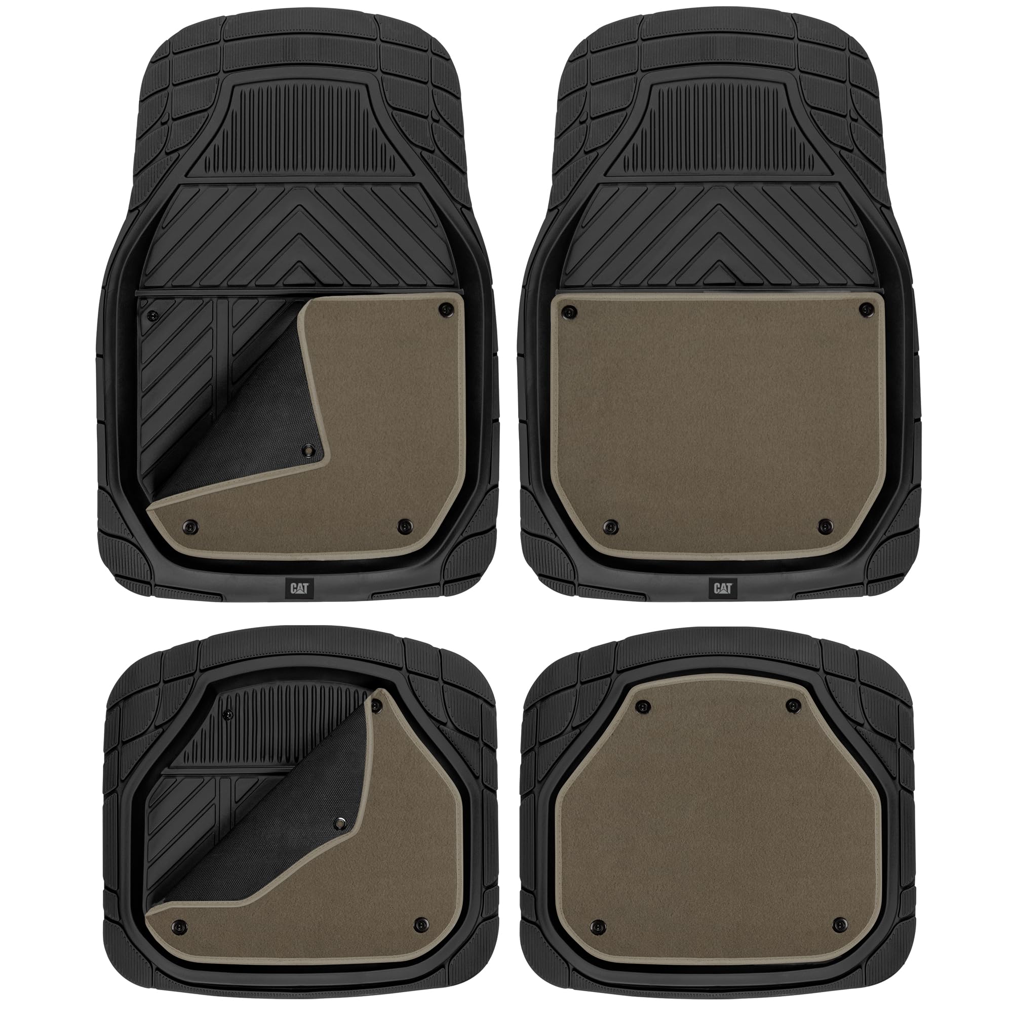 CAT Detachable Deep Dish Car Floor Mats w/ Removable Carpet Liner - Universal Fit for SUVs Trucks Sedans Washable Easy-Clean Aut