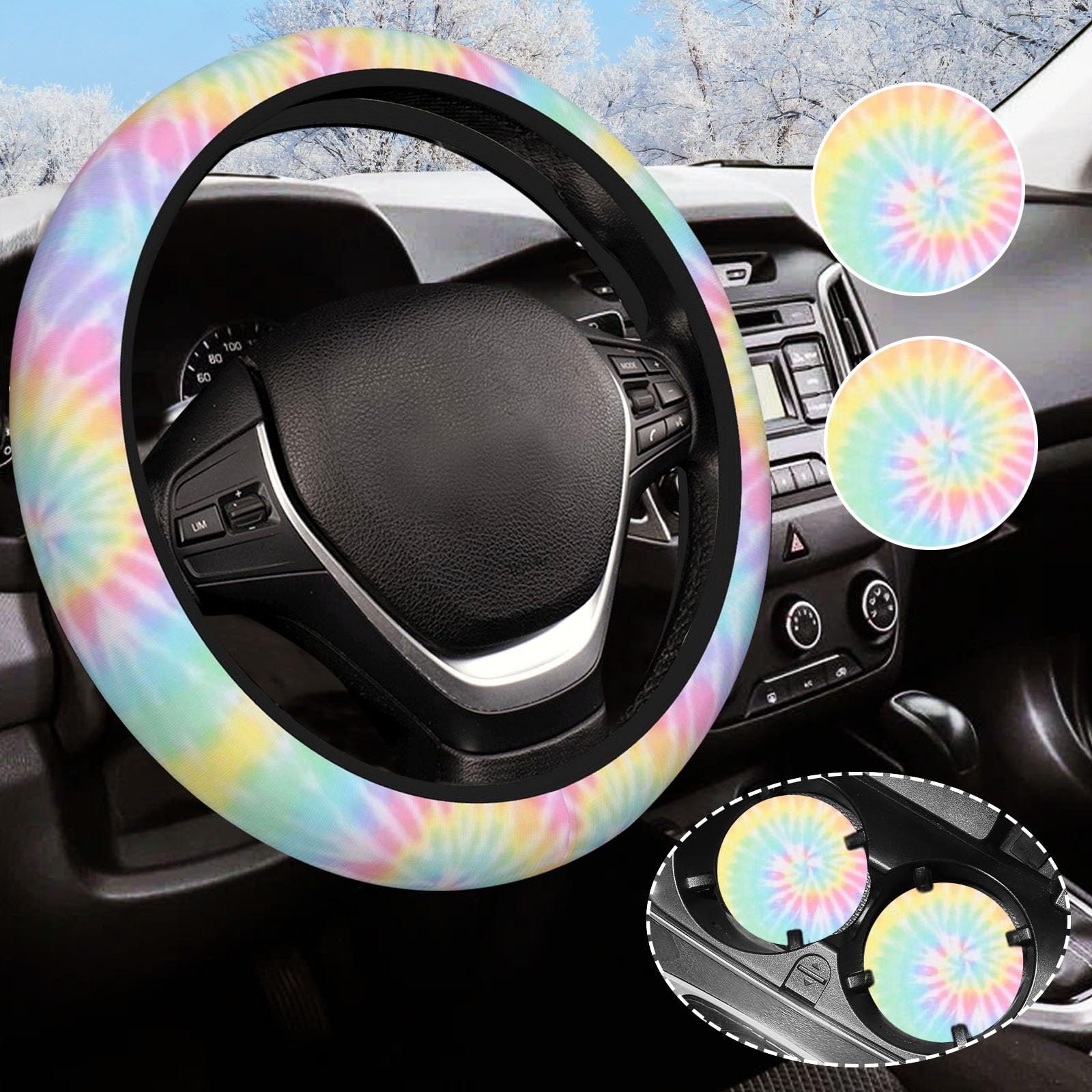 Rainbow Tie Dye Steering Wheel Cover for Women Men with 2 Pcs Car Coasters, Universal 14.5-15 Inch Rainbow Steering Wheel Covers