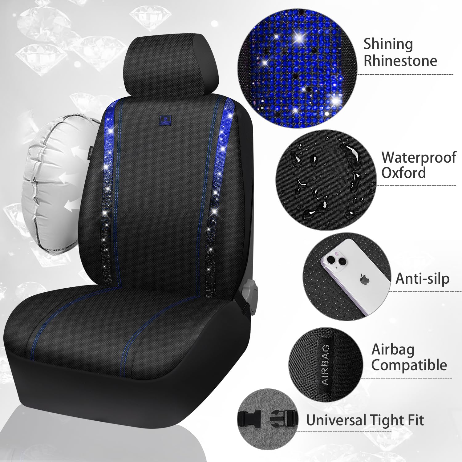 Car Pass Oxford Bling Diamond Car Seat Cover 2 Front Interior Sets, Waterproof Universal Shining Glitter Sparkly Crystal Fit Arm