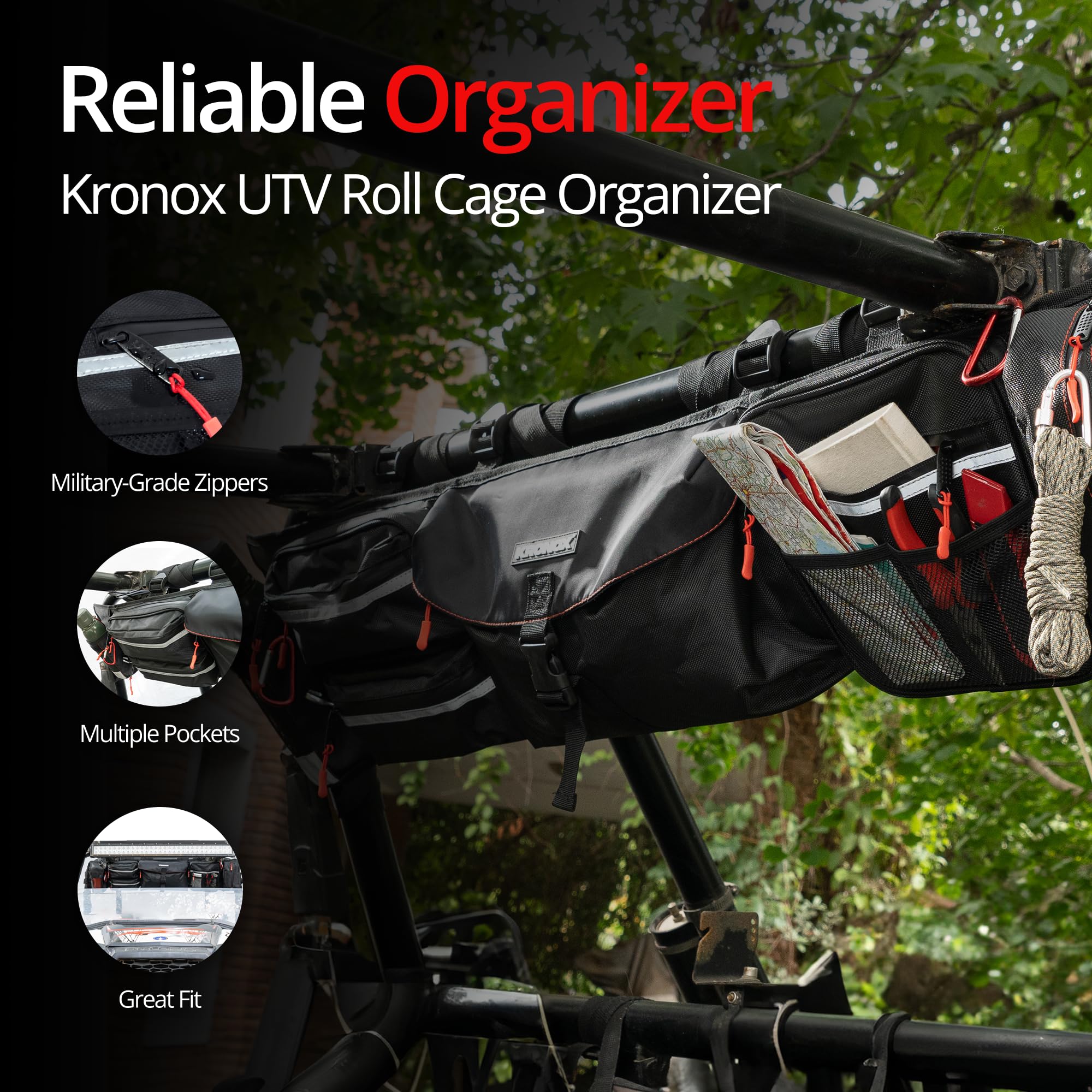 KRONOX UTV & Jeep Roll Cage Organizer Tool Bag - Heavy-Duty Off-Road Gear Rolling Bag for Rear/Side By Side Accessories - 8 Mult
