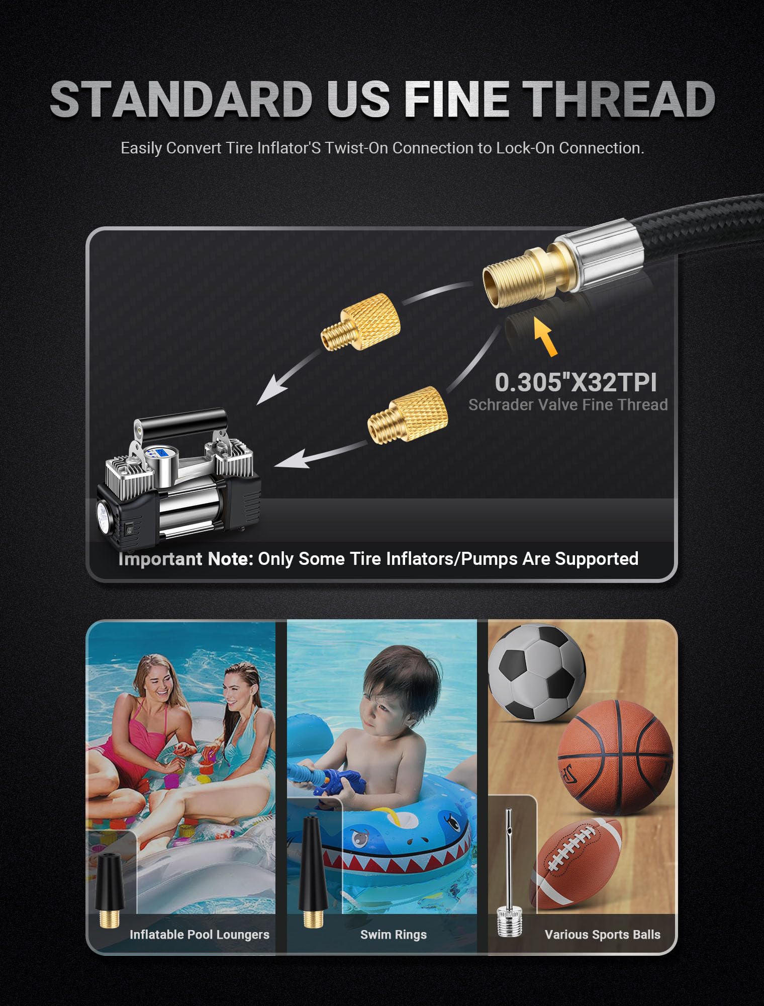 LUMITECO 33'' Air Release Extension Hose, 7-Pack Tire Inflator Replacement Hose w/Presta Valve Adaptor&Ball Pump Needle Kit, Tir