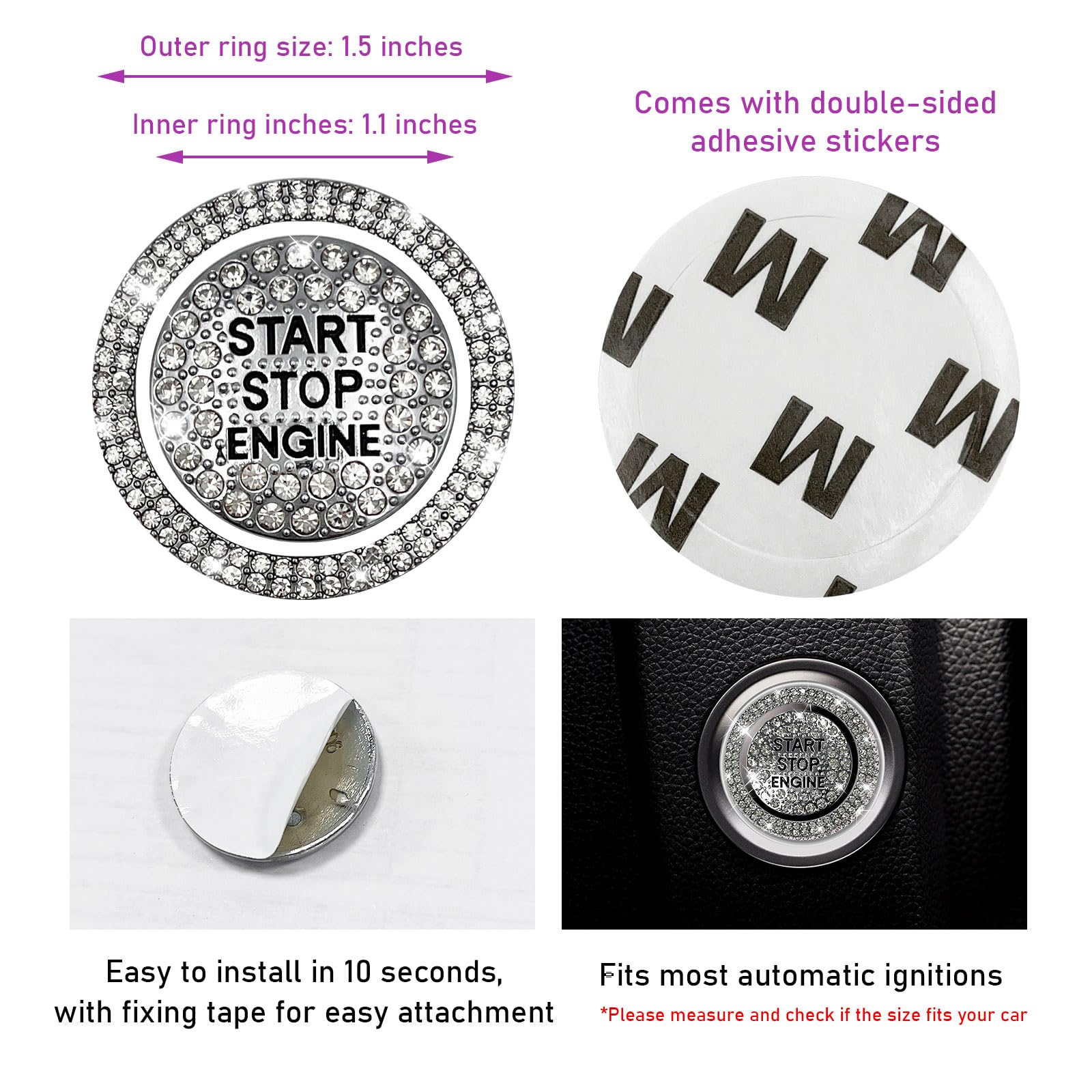 Sylvil Bling Car Push Start Button Sticker, Sparkling Rhinestones Fully Protect Button Decorative Cover, Anti-Scratch Key Igniti