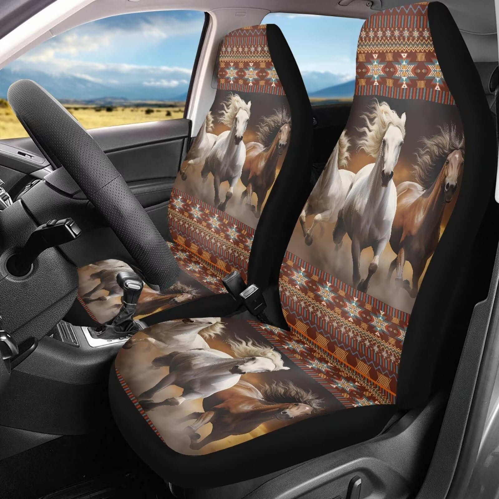 Wanzuoeng Car Seat Covers 2Pcs, Aztec Stripe Horse Print Front Bucket Seat Cover, Stretch Soft Fabric Auto Accessories Auto Seat