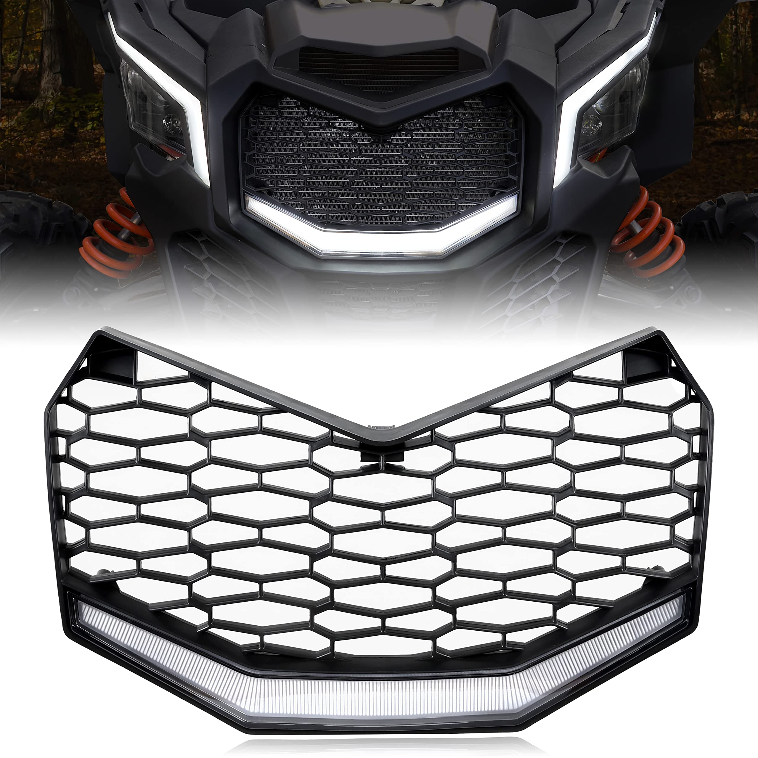 Sautvs Front Grille With Led Light For Maverick X3 2017-2025, New Premium Front Bumper Mesh Grill With Led Light Bar For Can-Am Maverick X3 2017-2025 Accessories