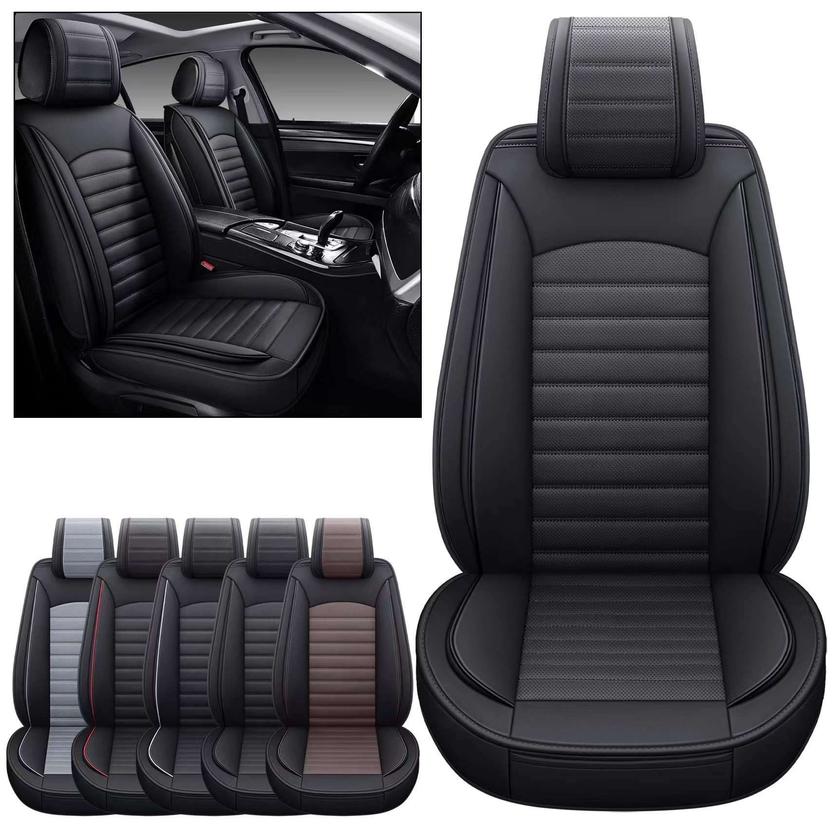 Omoka Auto Car Seat Covers With Waterproof Leather,Vehicle Cushion Cover For Cars Suv Sedan Pick-Up Truck Universal Fit Set For Most Cars (Black, 2 Pcs Front Seat)