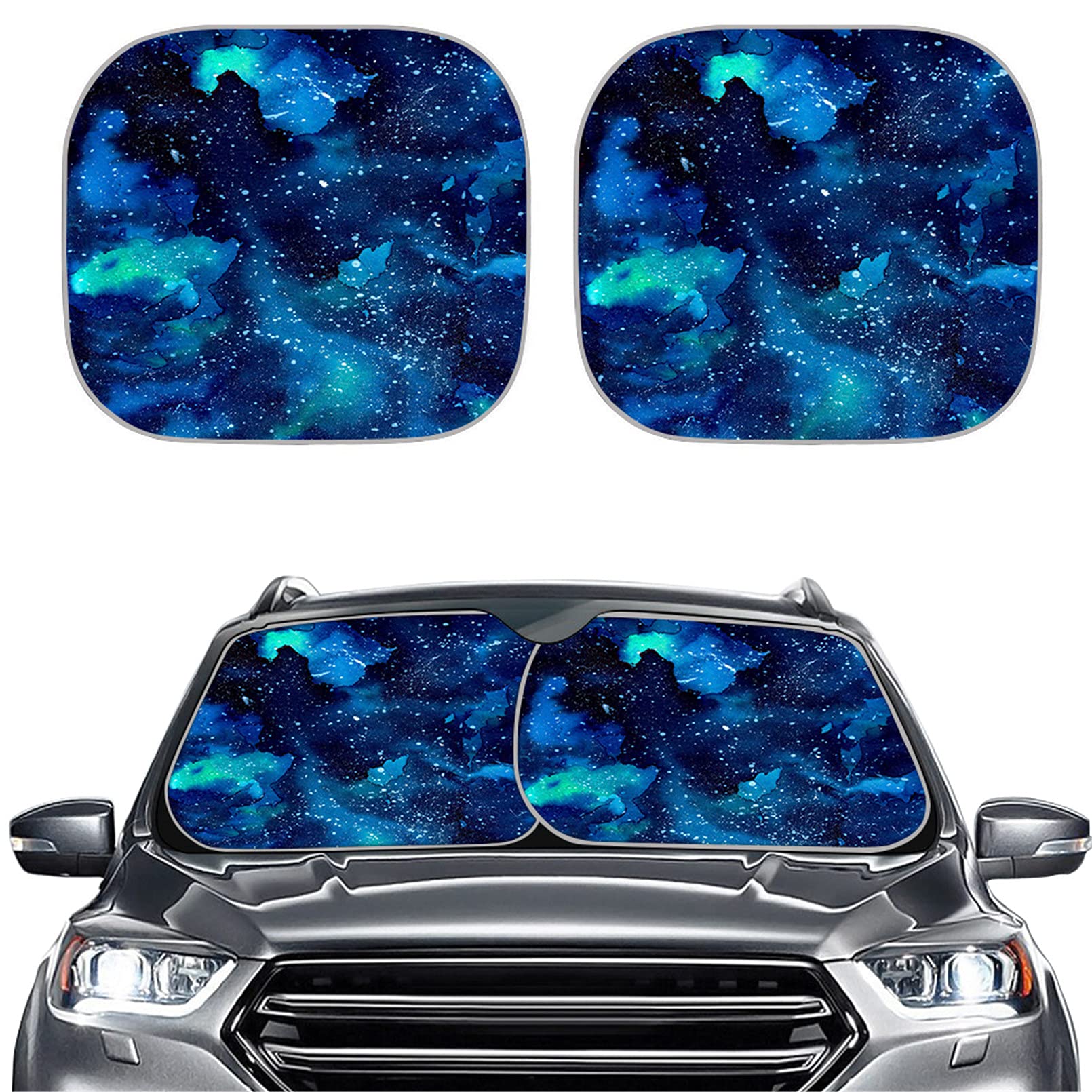Renewold Galaxy Space Blue Windshield Sun Shade 2-Piece Foldable Car Front Window Sunshade For Most Sedans Suv Truck - Auto Sun