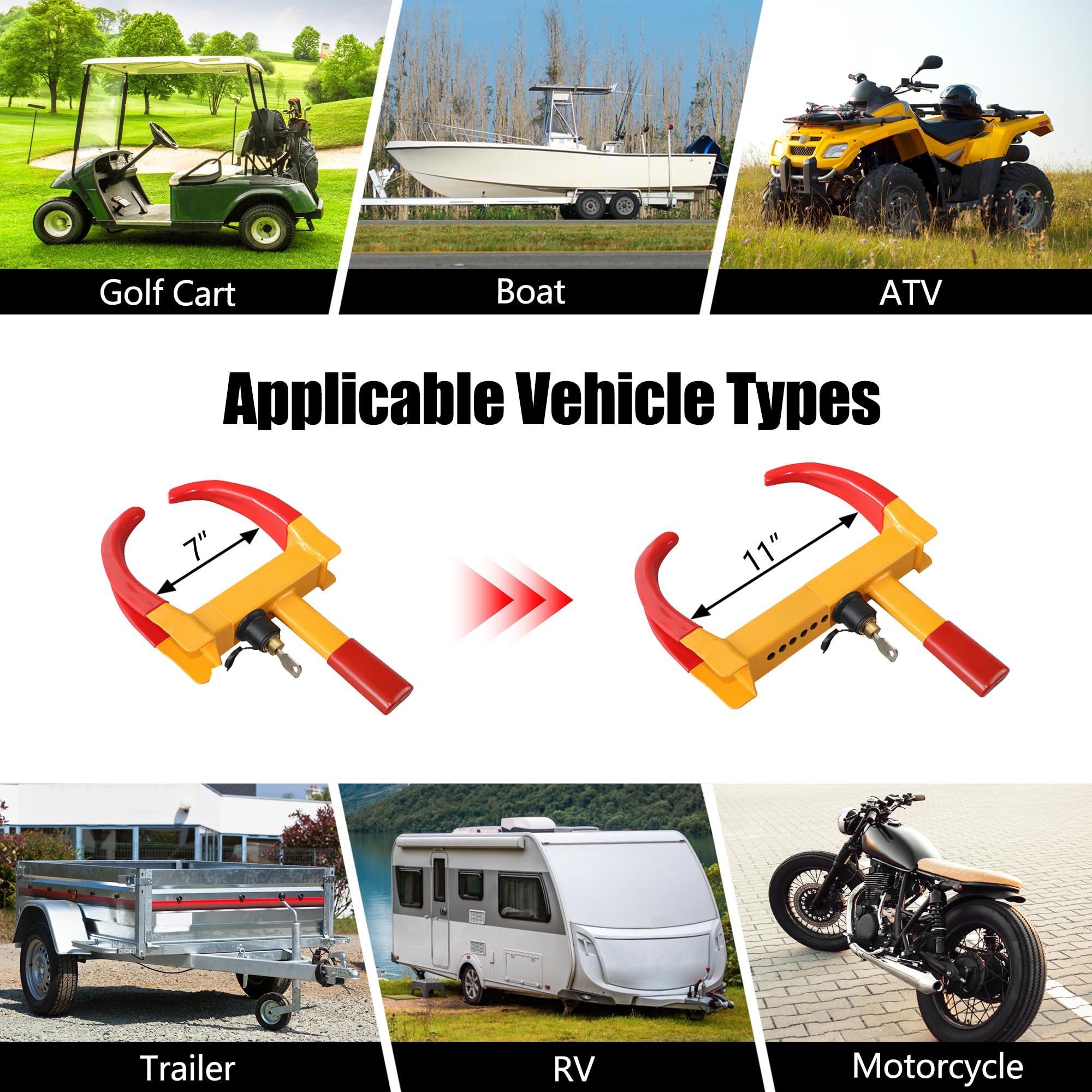 Kaycentop Universal Wheel Lock, Security Trailer Wheel Lock, Tire Lock Anti Theft For Trailers Golf Cart Suv Boat Atv Motorcycle Camper, 3 Keys (Yellow-Red)