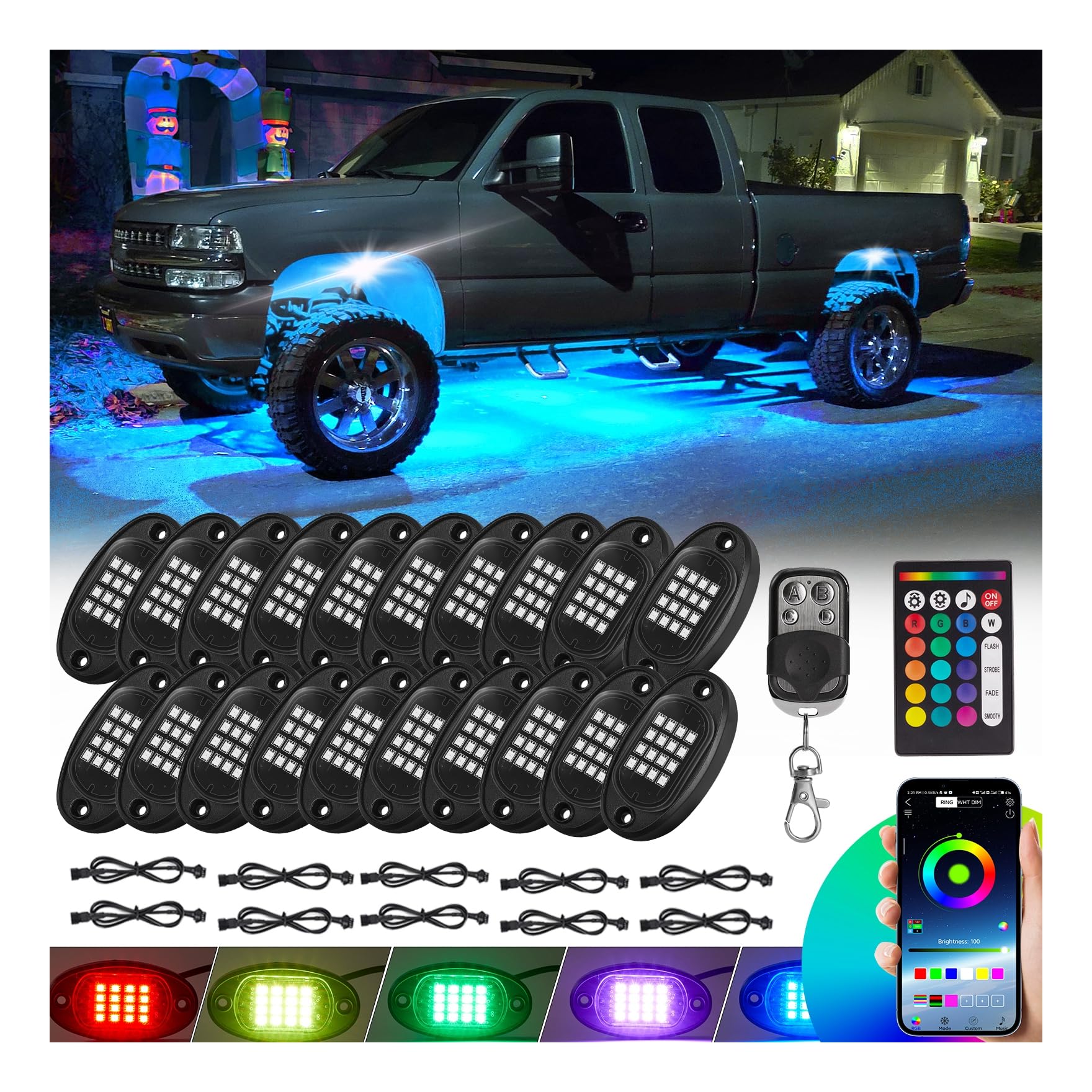20 Pods Rgb Led Rock Lights For Semi Trucks Offroad Pickup Trailer Sedan Boat, 12V Waterproof Dual Zone App/Rf Control Music Mod